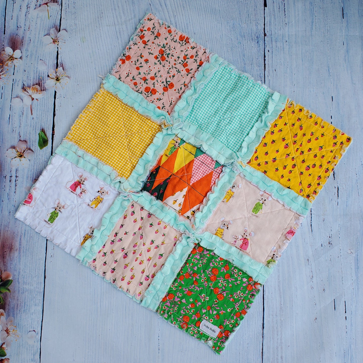 Handmade Quilt, Rag Quilt, Crib Quilt, Heather Ross Trixie, Lovey Blanket, Ready to Ship, Baby Shower Gift, Boho Quilt, Patchwork Quilt
