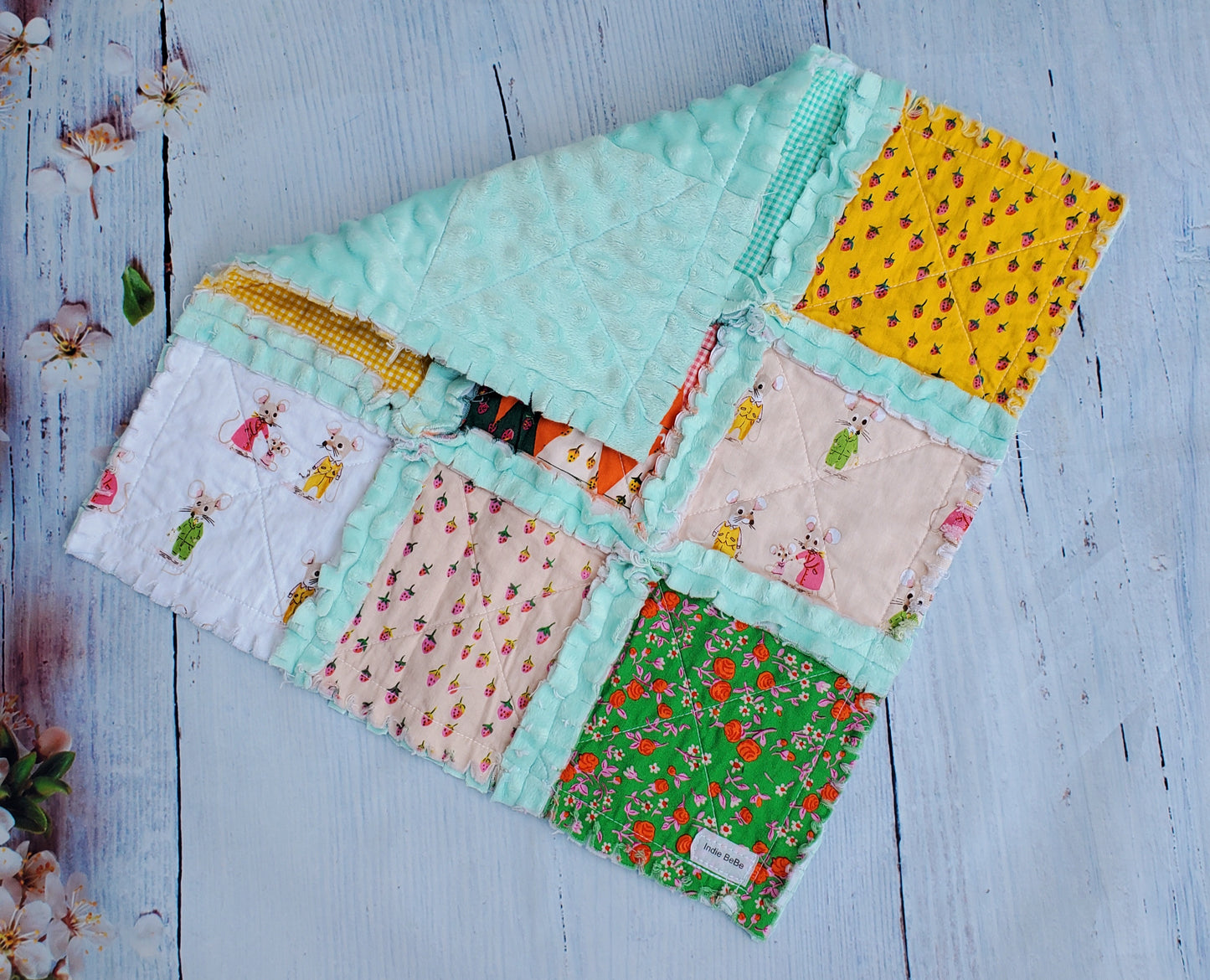 Handmade Quilt, Rag Quilt, Crib Quilt, Heather Ross Trixie, Lovey Blanket, Ready to Ship, Baby Shower Gift, Boho Quilt, Patchwork Quilt