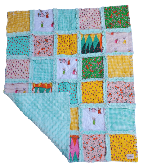 Handmade Quilt, Rag Quilt, Crib Quilt, Heather Ross Trixie, Lovey Blanket, Ready to Ship, Baby Shower Gift, Boho Quilt, Patchwork Quilt