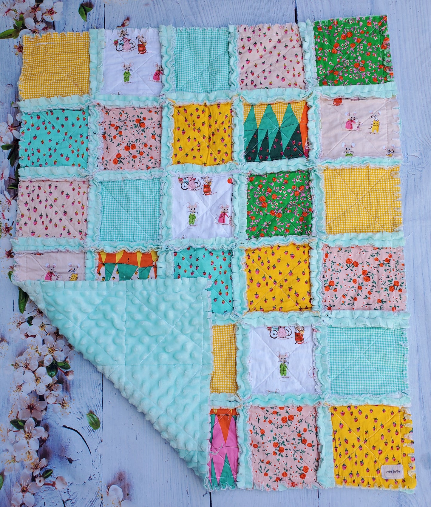 Handmade Quilt, Rag Quilt, Crib Quilt, Heather Ross Trixie, Lovey Blanket, Ready to Ship, Baby Shower Gift, Boho Quilt, Patchwork Quilt