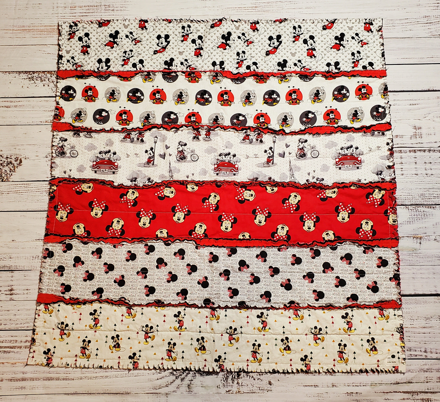 Handmade Rag Quilt, Christmas Mouse Quilt, Baby Blanket, Christmas Gift, Mickey Quilt, Baby Gift, Red and White Quilt, Baby Shower Gift, Tummy Time Quilt
