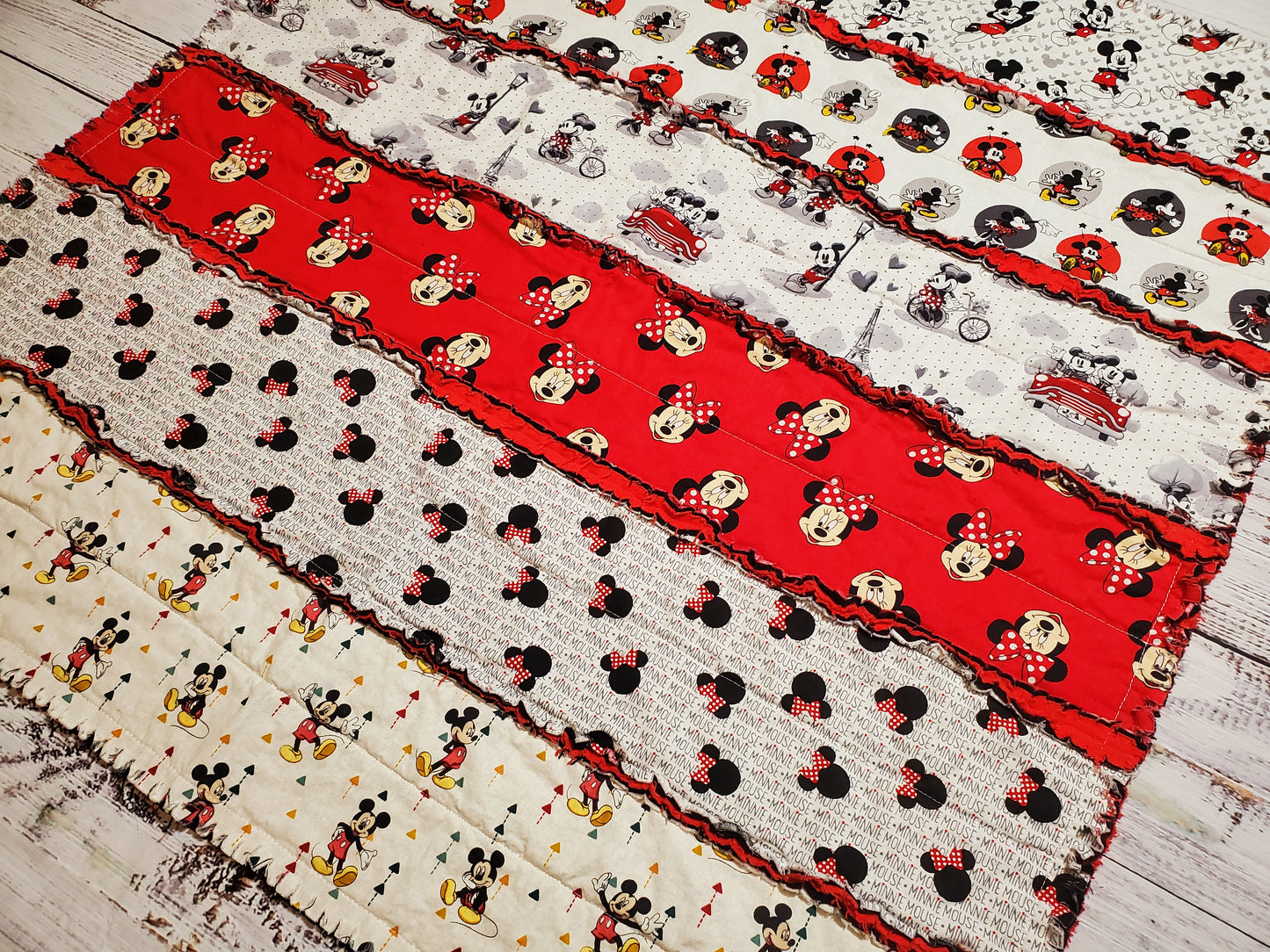 Handmade Rag Quilt, Christmas Mouse Quilt, Baby Blanket, Christmas Gift, Mickey Quilt, Baby Gift, Red and White Quilt, Baby Shower Gift, Tummy Time Quilt