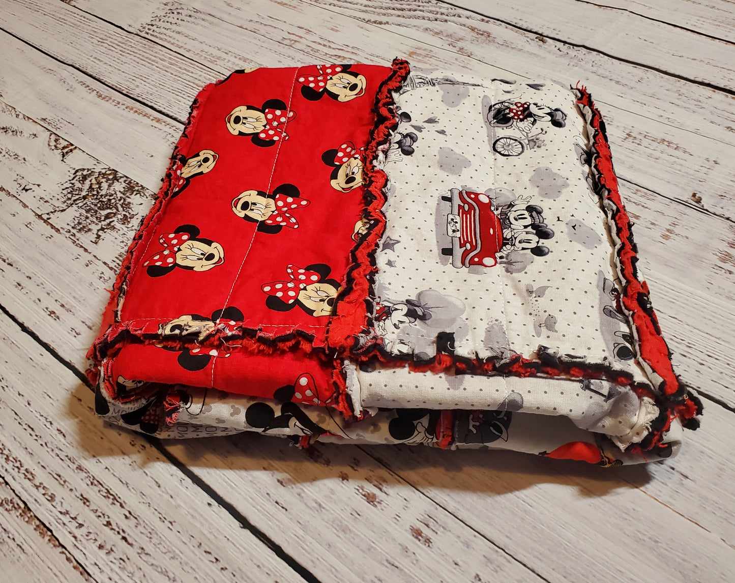Handmade Rag Quilt, Christmas Mouse Quilt, Baby Blanket, Christmas Gift, Mickey Quilt, Baby Gift, Red and White Quilt, Baby Shower Gift, Tummy Time Quilt