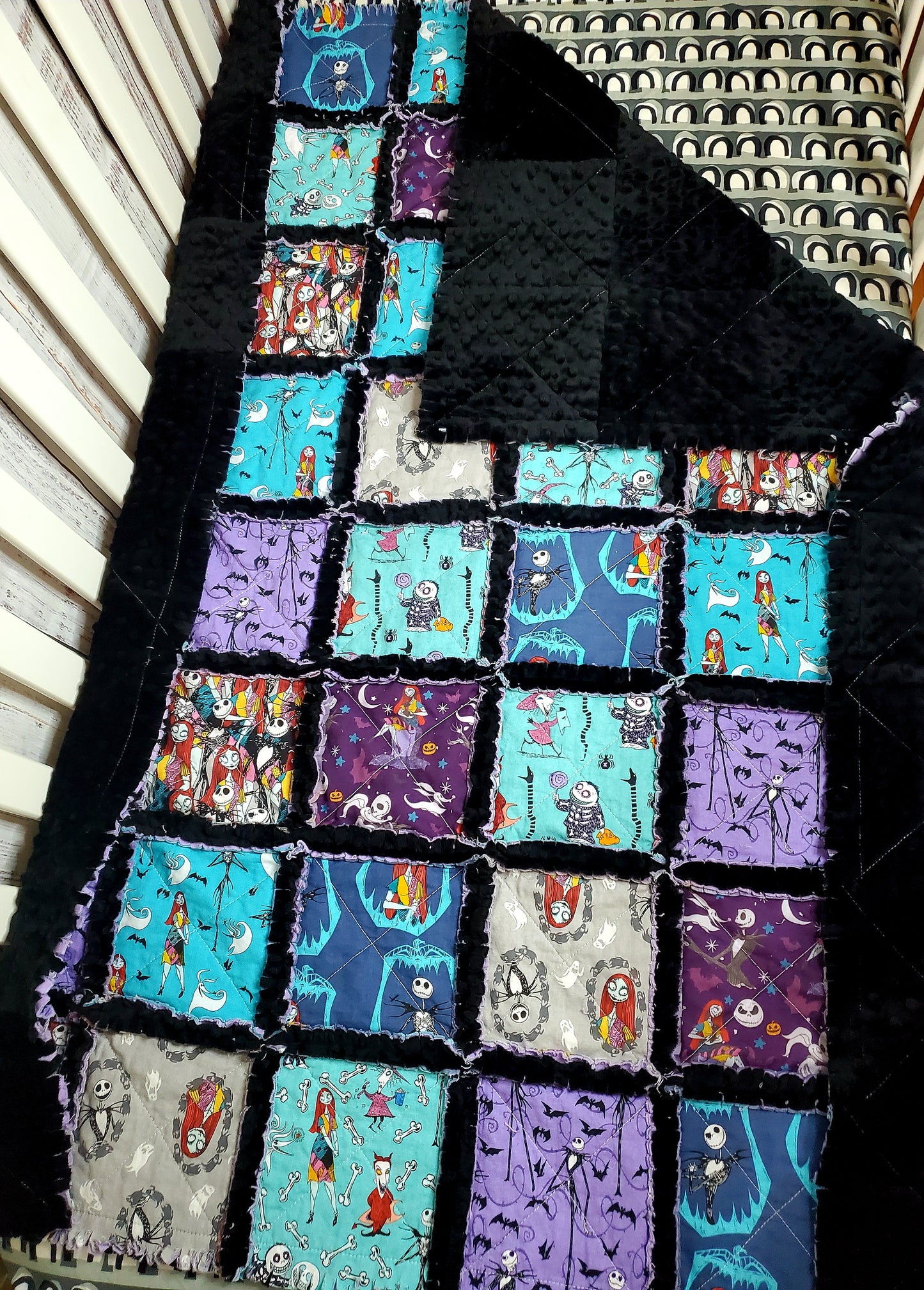 Patchwork Quilt, Handmade Quilt, Rag Quilt, Boho Quilt, NBC Quilt, Crib Quilt, Baby Shower Gift, Nightmare, Before Christmas Quilt, Baby Shower Gift, Nursery Bedding