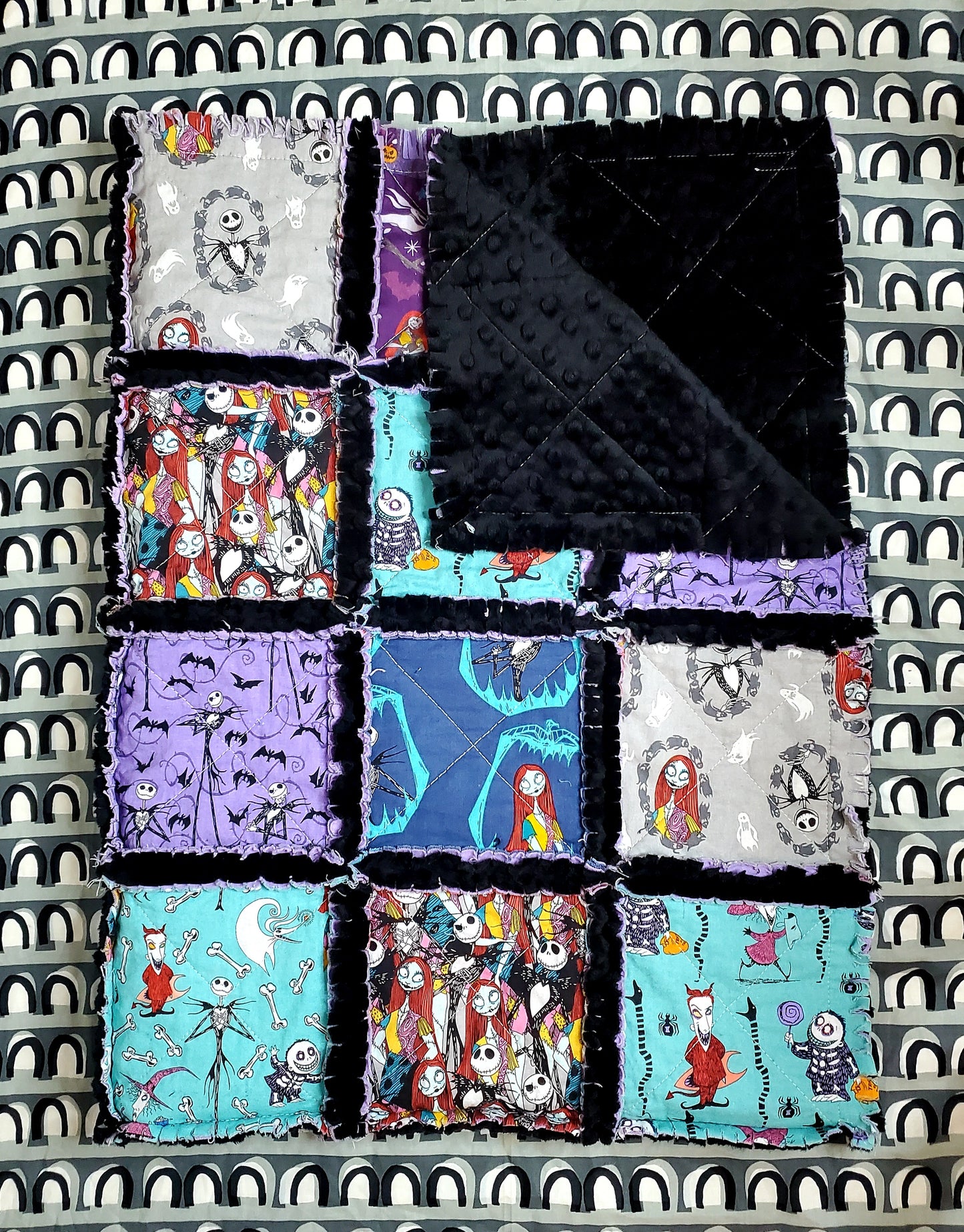 Patchwork Quilt, Handmade Quilt, Rag Quilt, Boho Quilt, NBC Quilt, Crib Quilt, Baby Shower Gift, Nightmare, Before Christmas Quilt, Baby Shower Gift, Nursery Bedding