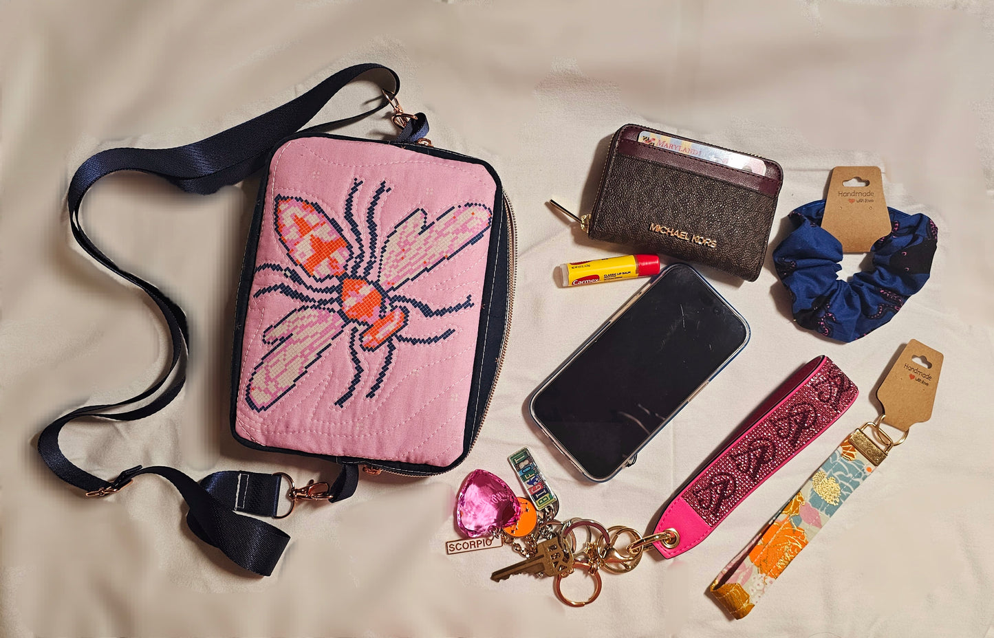 Crossbody Purse, Ruby Star Society, Gift for Girls, Bee Purse, Quilted Bag, Handmade Crossbody, Pink and Navy, Rose Gold Bag, Bee Crossbody