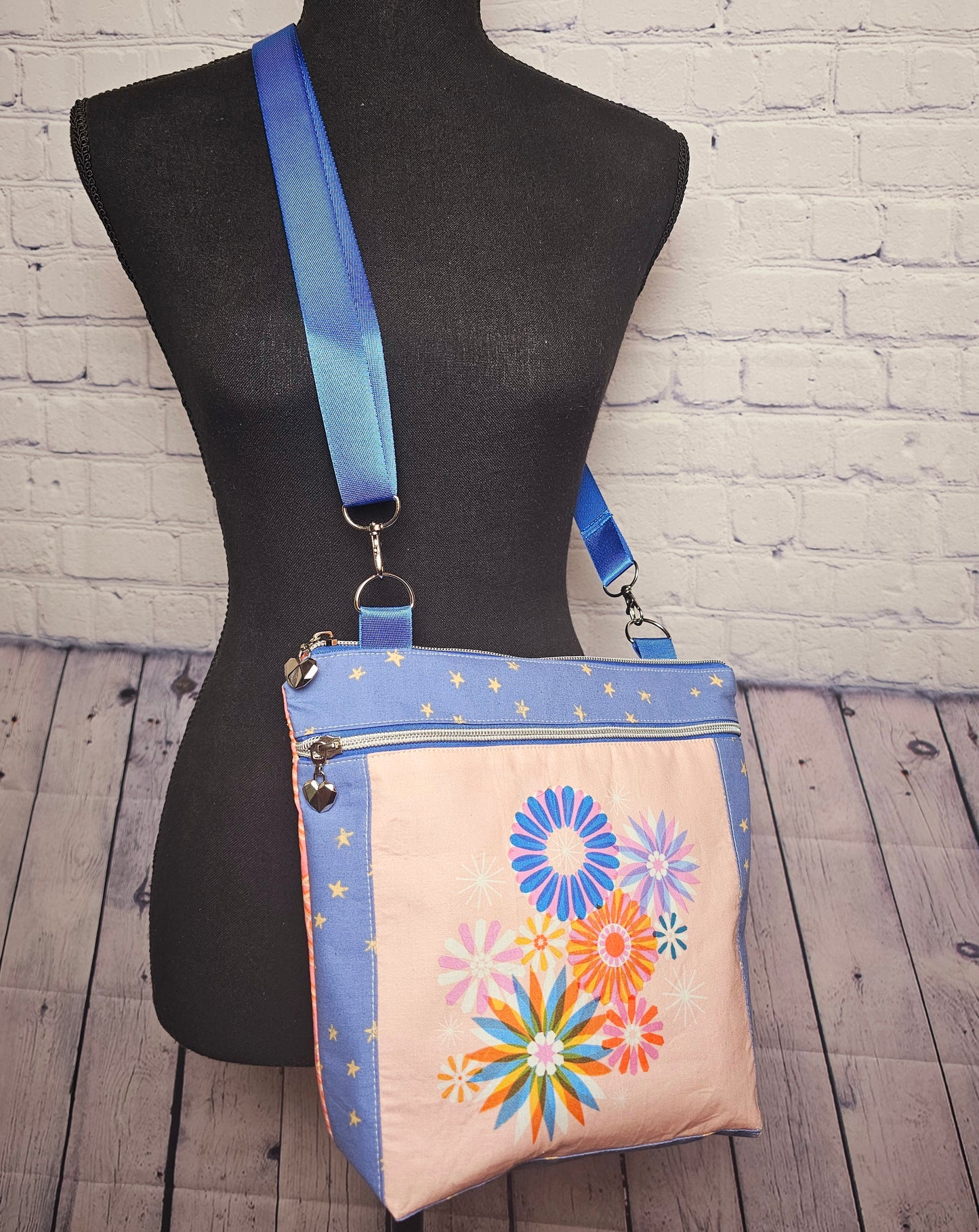 Crossbody Purse, Ruby Star Society, Gift for Girls, Floral Purse, Quilted Bag, Handmade Crossbody, Pink and Blue, Floral Panel Bag