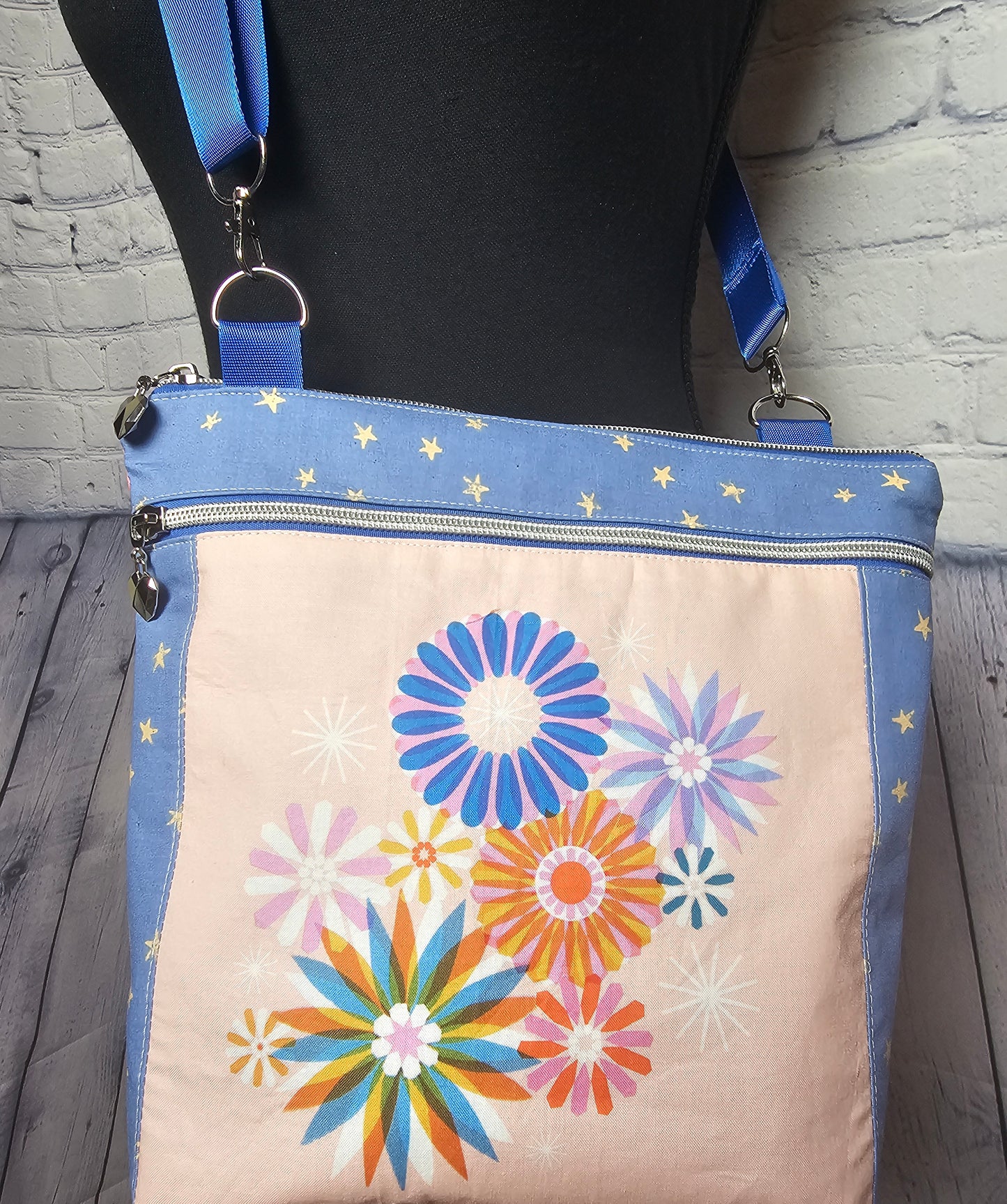 Crossbody Purse, Ruby Star Society, Gift for Girls, Floral Purse, Quilted Bag, Handmade Crossbody, Pink and Blue, Floral Panel Bag