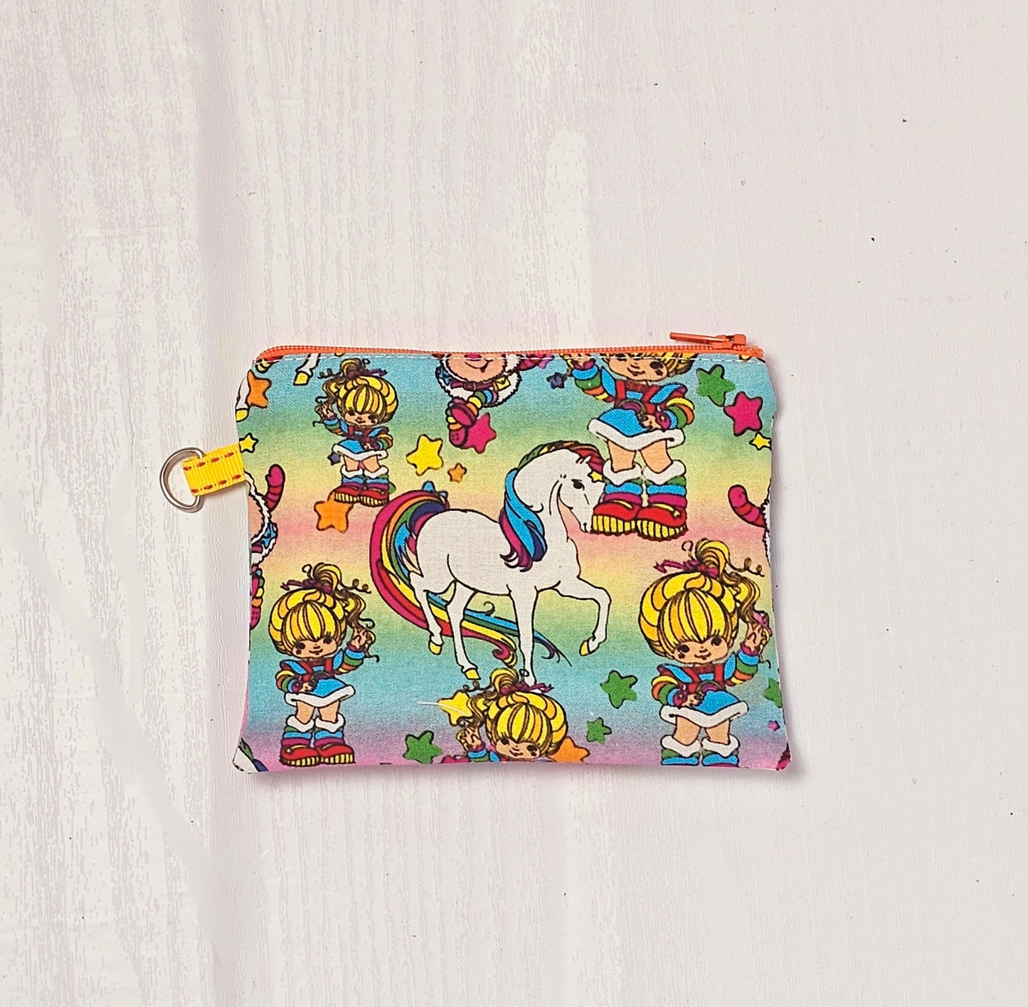 Small Fabric Zipper Pouch, Purse organizer, Vintage Rainbow Brite, Handmade Lined Zipper Pouch, Gift Card Coin Bag, Rainbow Purse, 1980s