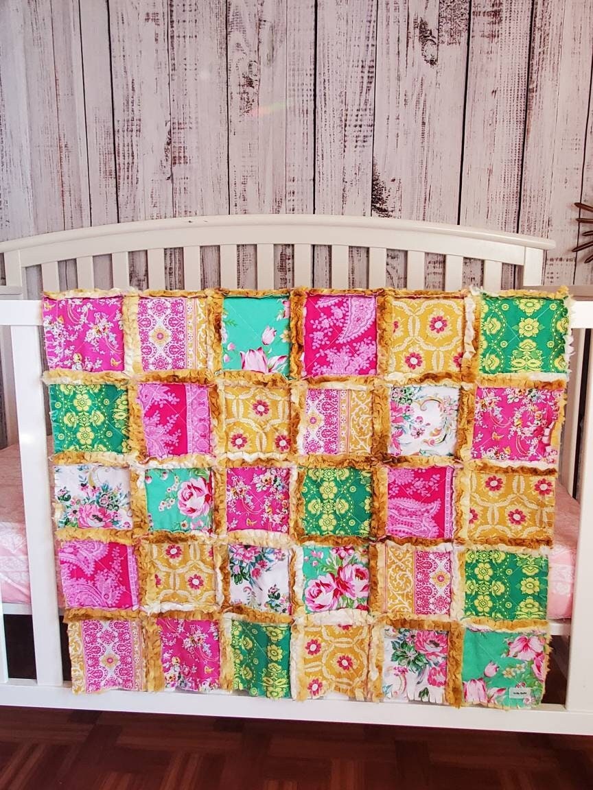 Patchwork Quilt, Handmade Quilt, Minky Rag Quilt, Floral, Baby Bedding, Baby Quilt, Boho Quilt, Mini Crib Quilt, Crib Quilt, Lovey Blanket