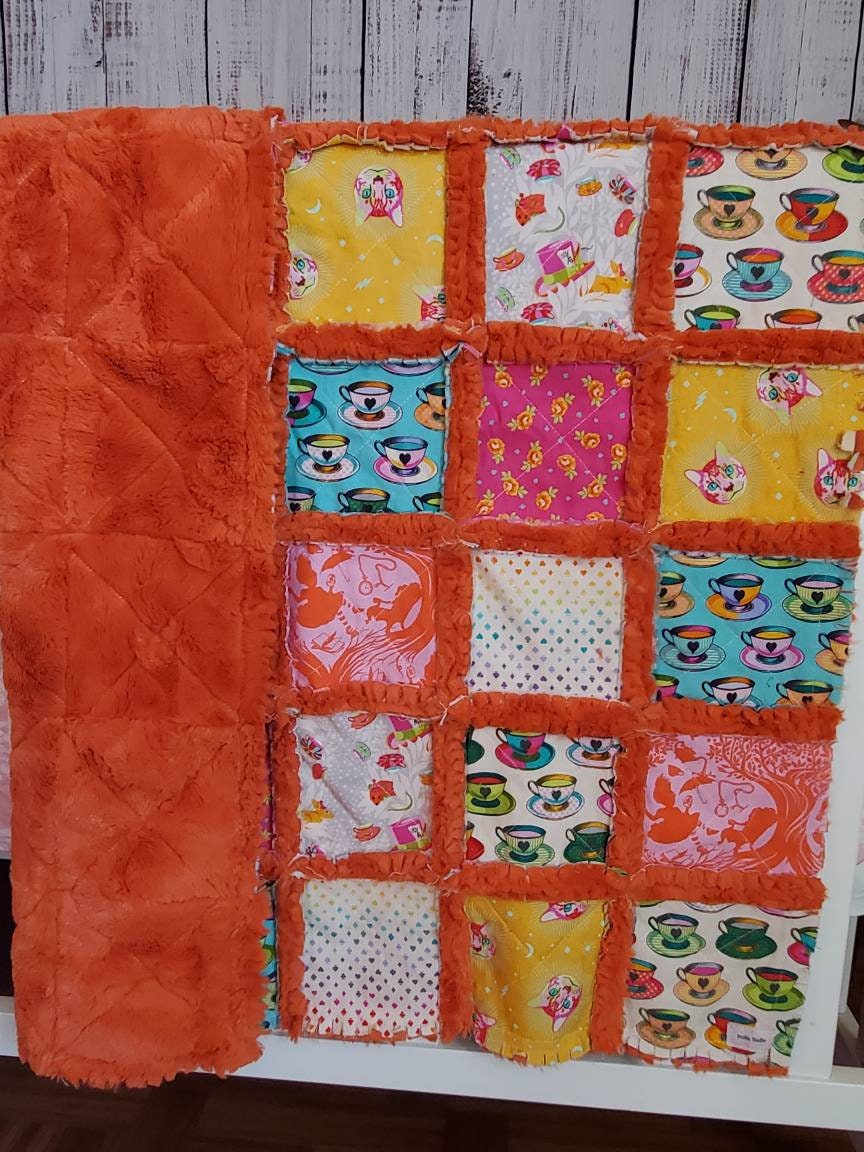 Handmade Quilt, Patchwork Quilt, Crib Quilt, Minky Rag Quilt, Alice in Wonderland, Baby Quilt, Baby Shower Gift, Lovey Blanket, Boho Quilt