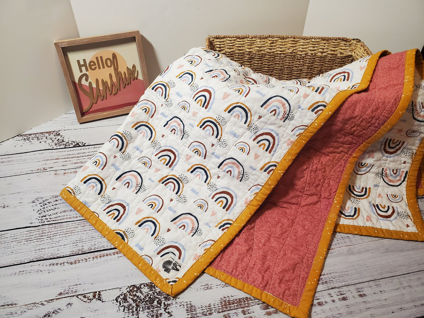 Wholecloth Quilt, Boho Rainbow Baby Quilt, Boho Baby Bedding, Rainbow Baby Blanket, Baby Shower Gift, Nursery Decor, Rainbow Baby Gift