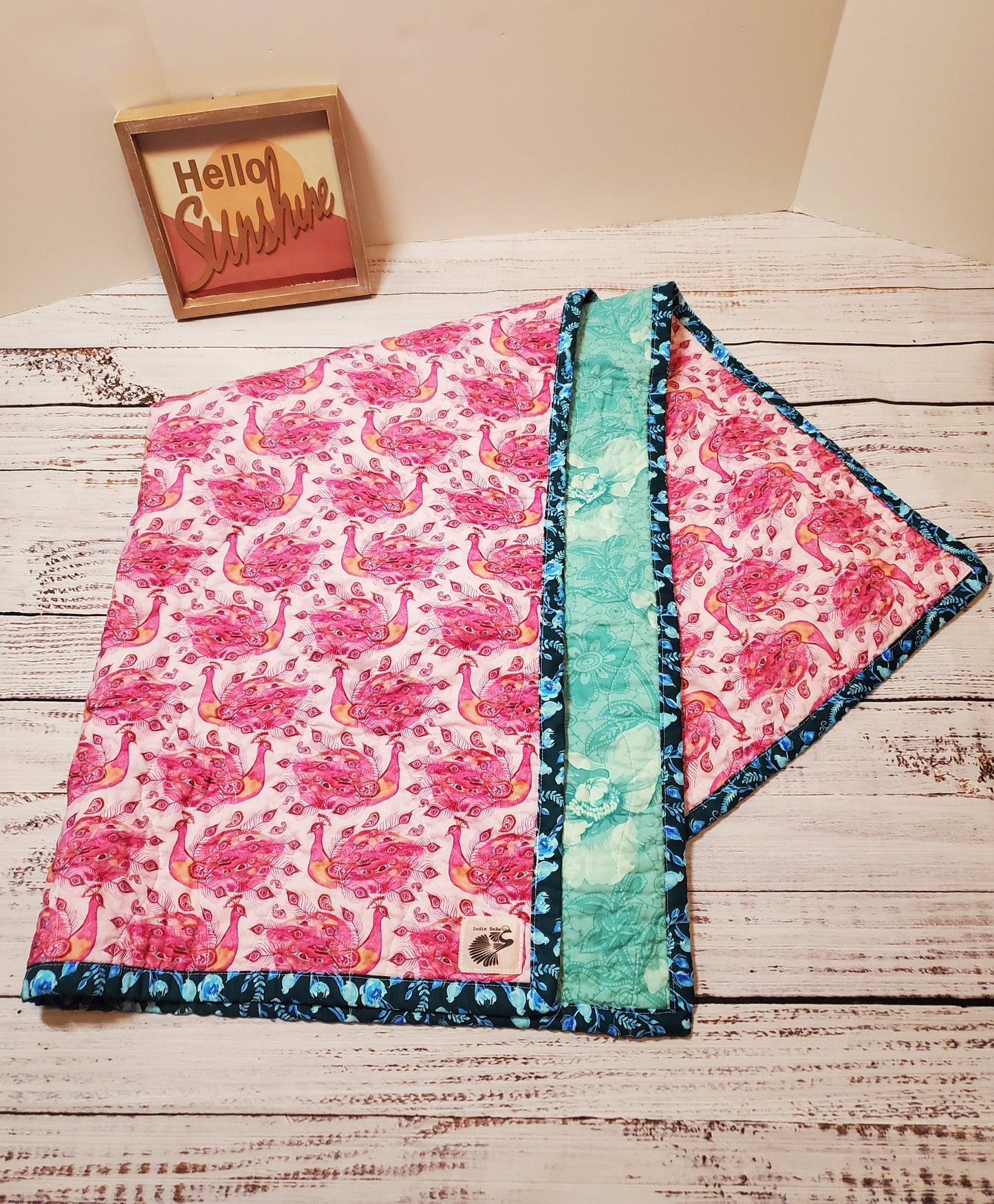 Wholecloth Quilt, Boho Peacock Baby Quilt, Boho Baby Bedding, Peacock Baby Blanket, Baby Shower Gift, Boho Floral Quilt, Kantha Quilt