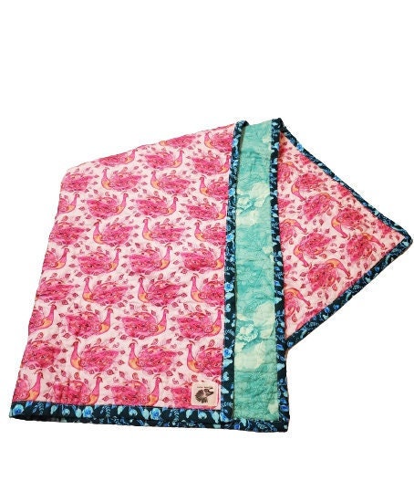 Wholecloth Quilt, Boho Peacock Baby Quilt, Boho Baby Bedding, Peacock Baby Blanket, Baby Shower Gift, Boho Floral Quilt, Kantha Quilt
