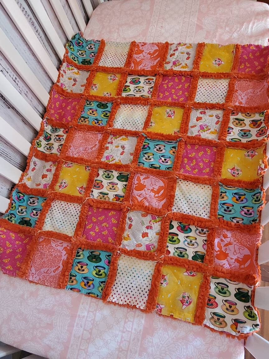 Handmade Quilt, Patchwork Quilt, Crib Quilt, Minky Rag Quilt, Alice in Wonderland, Baby Quilt, Baby Shower Gift, Lovey Blanket, Boho Quilt
