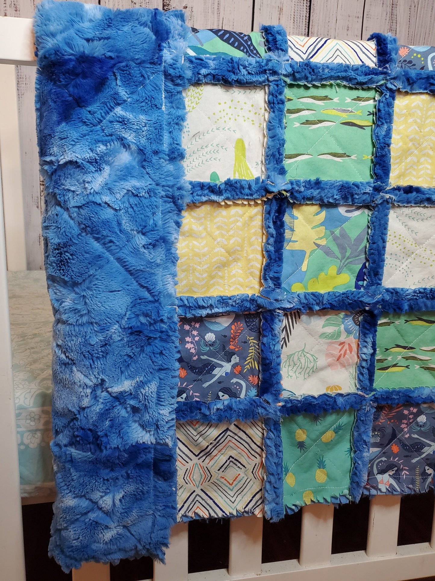 Handmade Patchwork Crib Quilt, Mermaid Quilt, Boho Rag Quilt, Floral, Sirena Mermaid, Baby Quilt, Crib Bedding, Witchy Gift, Nursery Bedding