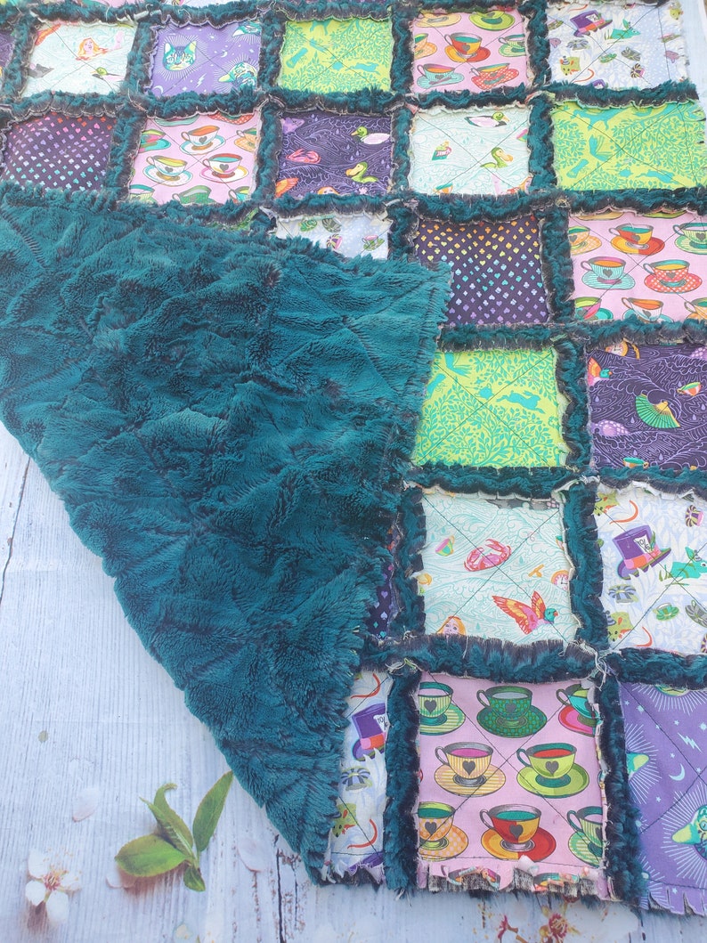 Handmade Quilt, Patchwork Quilt, Crib Quilt, Minky Rag Quilt, Alice in Wonderland, Baby Quilt, Baby Shower Gift, Lovey Blanket, Boho Quilt