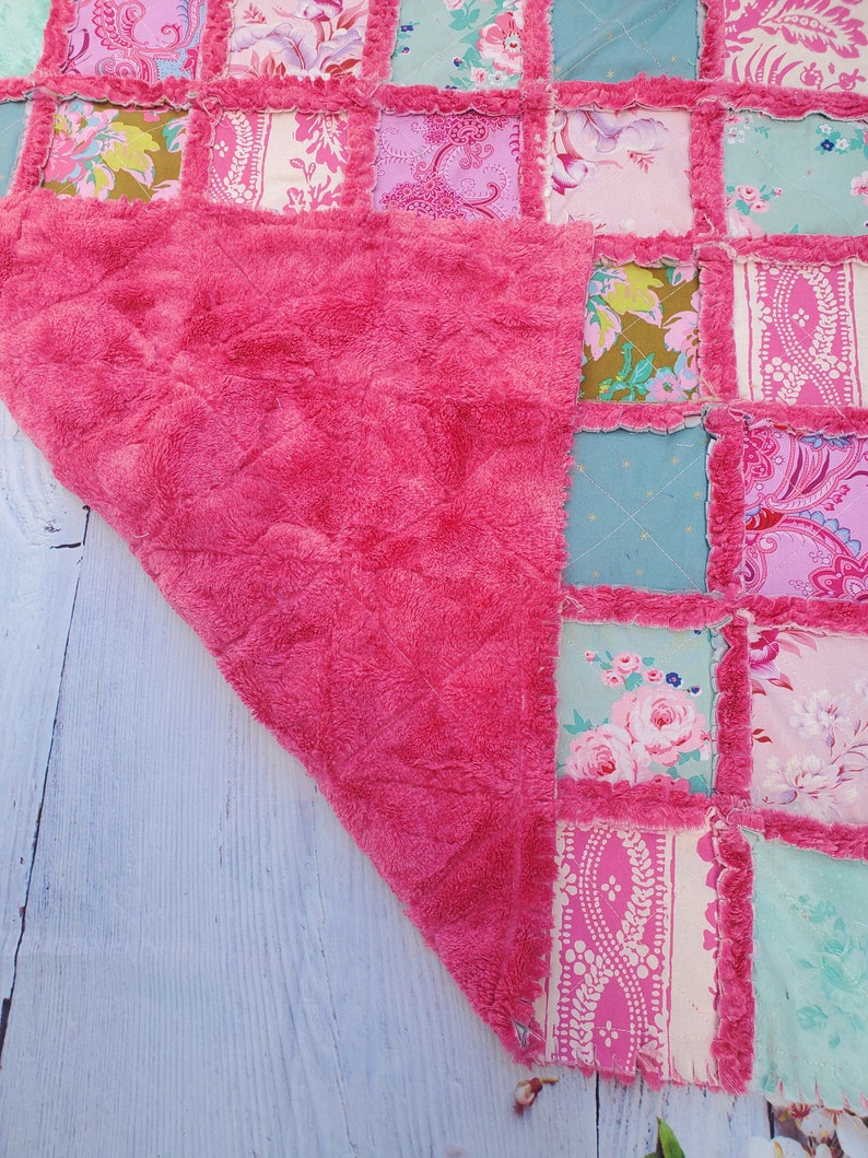 Patchwork Quilt, Handmade Quilt, Minky Rag Quilt, Floral, Baby Bedding, Baby Quilt, Boho Quilt, Mini Crib Quilt, Crib Quilt, Lovey Blanket