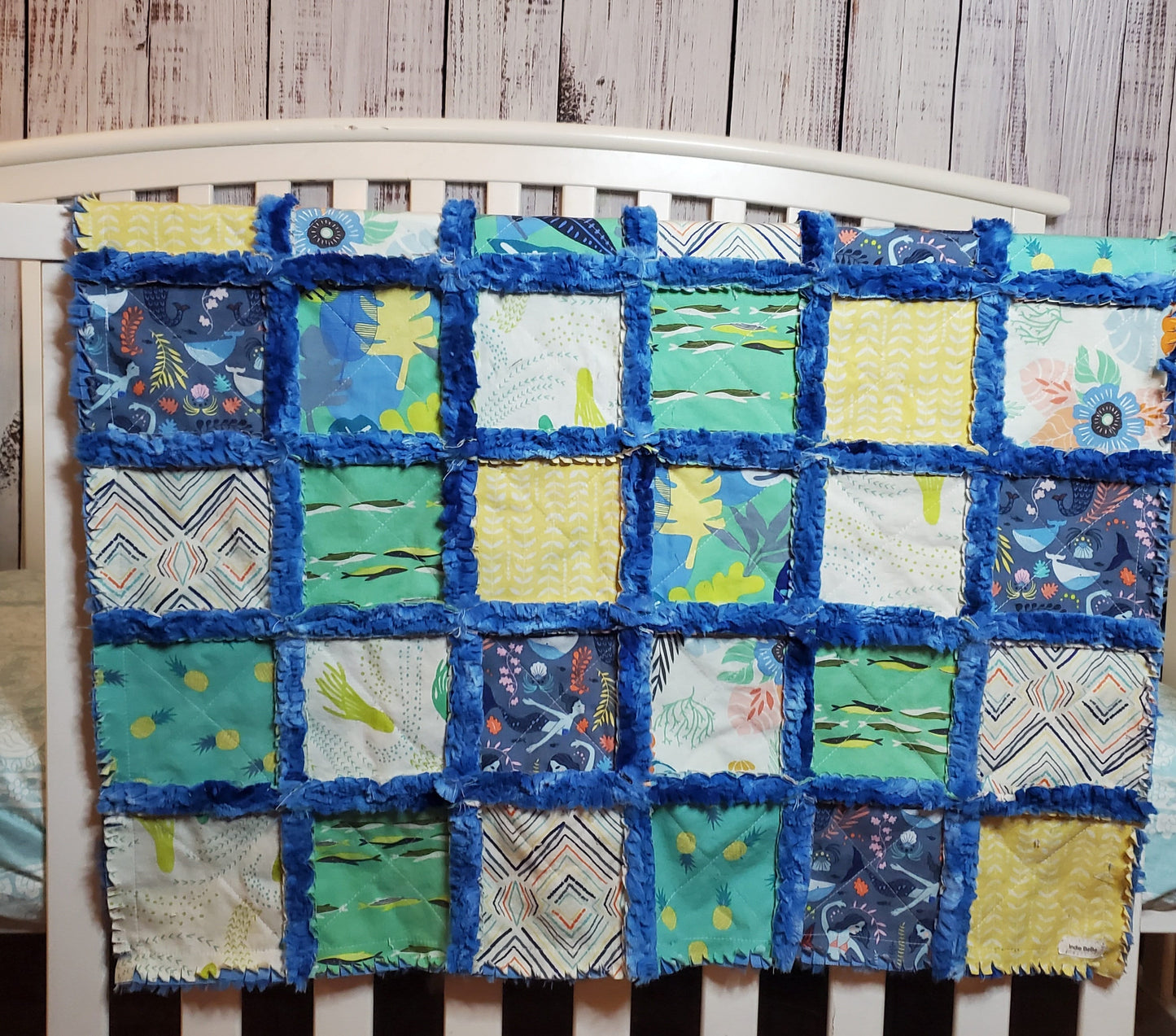 Handmade Patchwork Crib Quilt, Mermaid Quilt, Boho Rag Quilt, Floral, Sirena Mermaid, Baby Quilt, Crib Bedding, Witchy Gift, Nursery Bedding