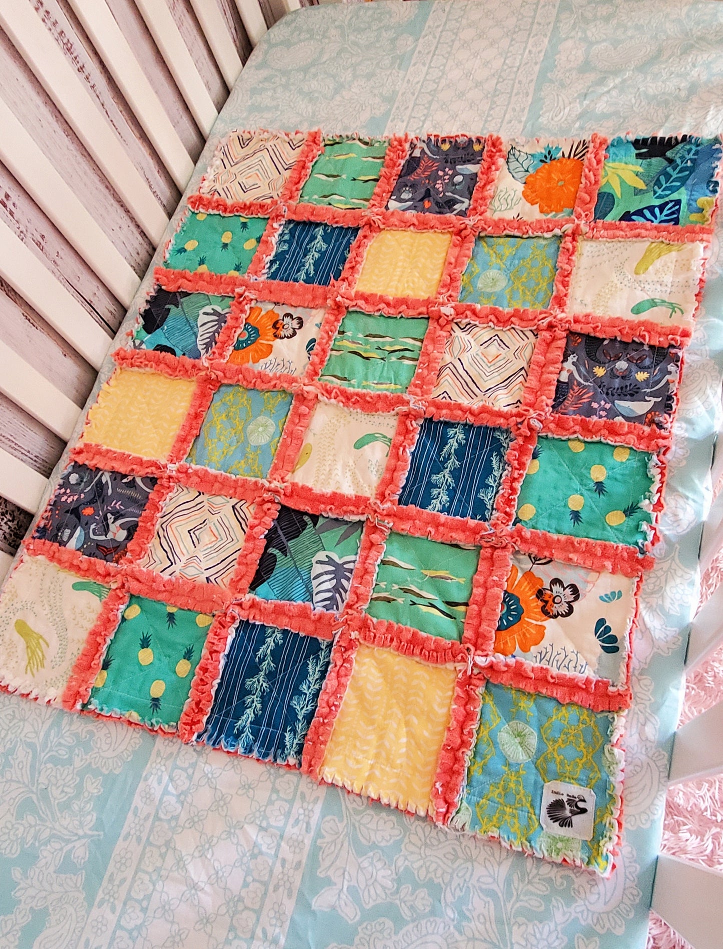 Handmade Quilt, Mermaid Quilt, Rag Quilt, Patchwork Quilt, Lovey Blanket, Baby Shower Gift, Boho Quilt, Rag Quilt, Crib Quilt, Mermaid Lovey