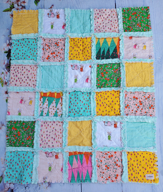 Handmade Quilt, Rag Quilt, Crib Quilt, Heather Ross Trixie, Lovey Blanket, Ready to Ship, Baby Shower Gift, Boho Quilt, Patchwork Quilt