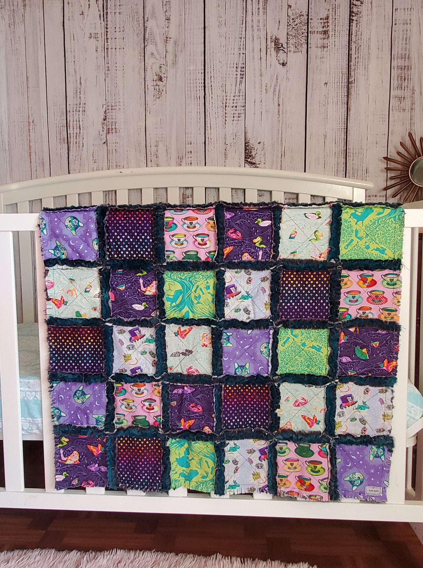 Handmade Quilt, Patchwork Quilt, Crib Quilt, Minky Rag Quilt, Alice in Wonderland, Baby Quilt, Baby Shower Gift, Lovey Blanket, Boho Quilt