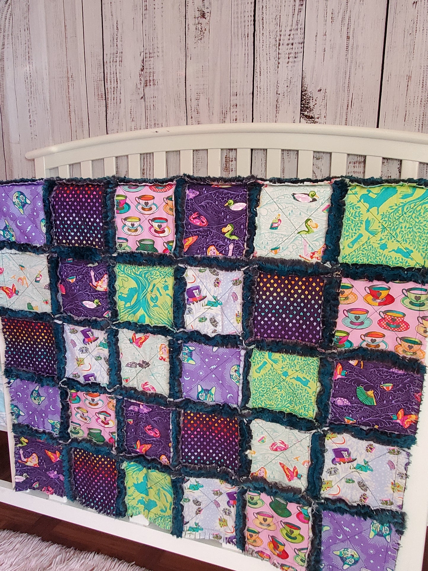 Handmade Quilt, Patchwork Quilt, Crib Quilt, Minky Rag Quilt, Alice in Wonderland, Baby Quilt, Baby Shower Gift, Lovey Blanket, Boho Quilt