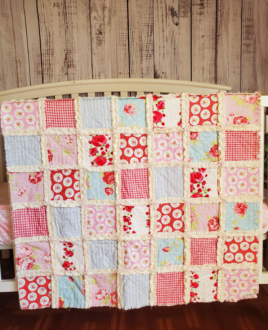 Handmade Quilt, Baby Shower Gift, Shabby Chic Quilt, Crib Quilt, Rag Quilt, Floral Quilt, Lovey Blanket, Patchwork Quilt, Toddler Quilt