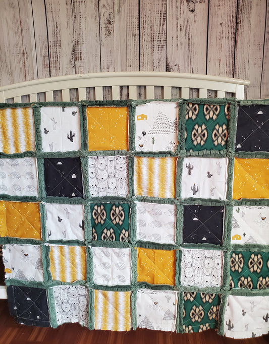 Patchwork Crib Quilt, Crib Bedding, Minky Rag Quilt, Woodland Animals Quilt, Baby Boy Quilt, Crib Bedding, Minky Blanket, Nursery Bedding