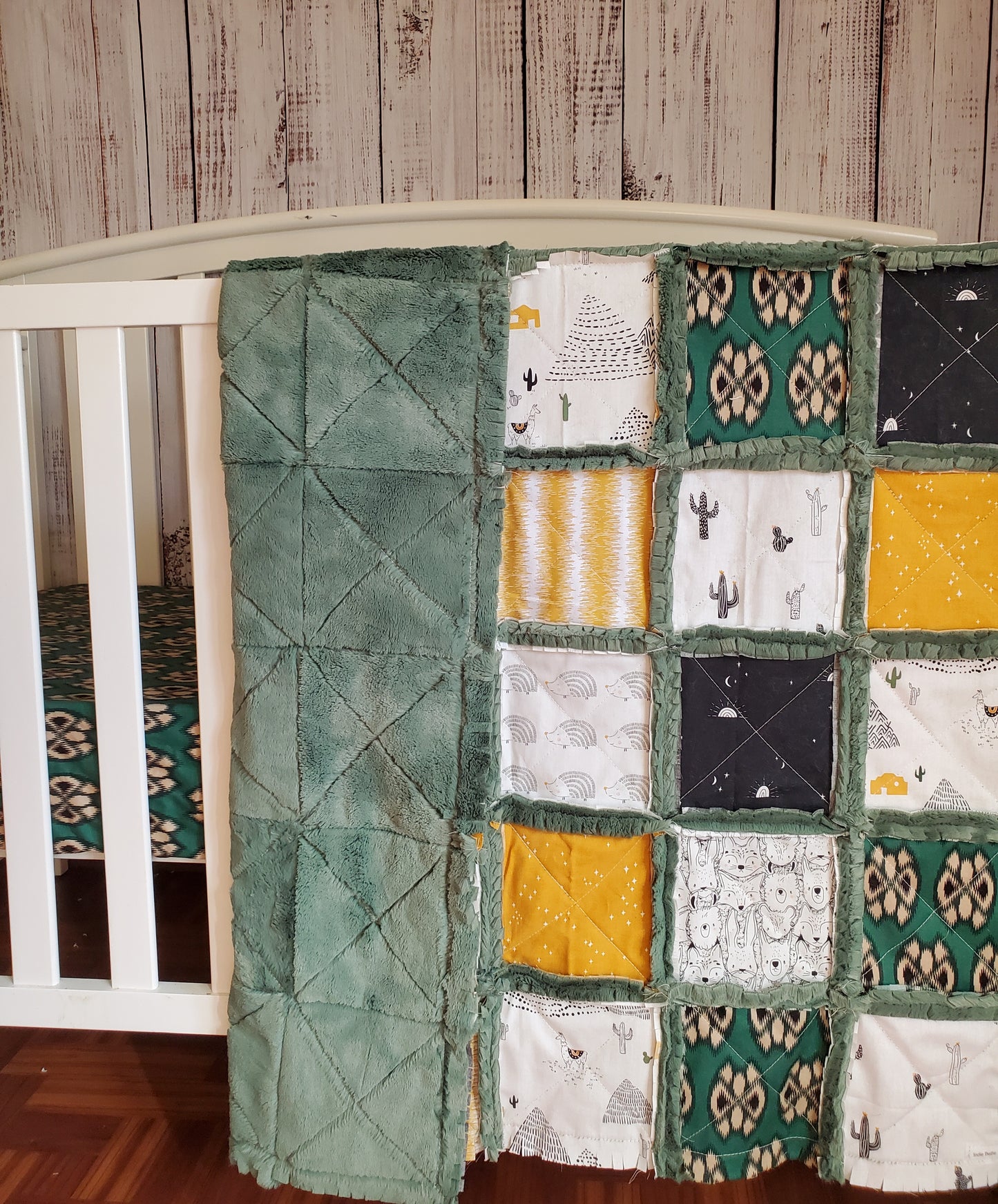 Patchwork Crib Quilt, Crib Bedding, Minky Rag Quilt, Woodland Animals Quilt, Baby Boy Quilt, Crib Bedding, Minky Blanket, Nursery Bedding