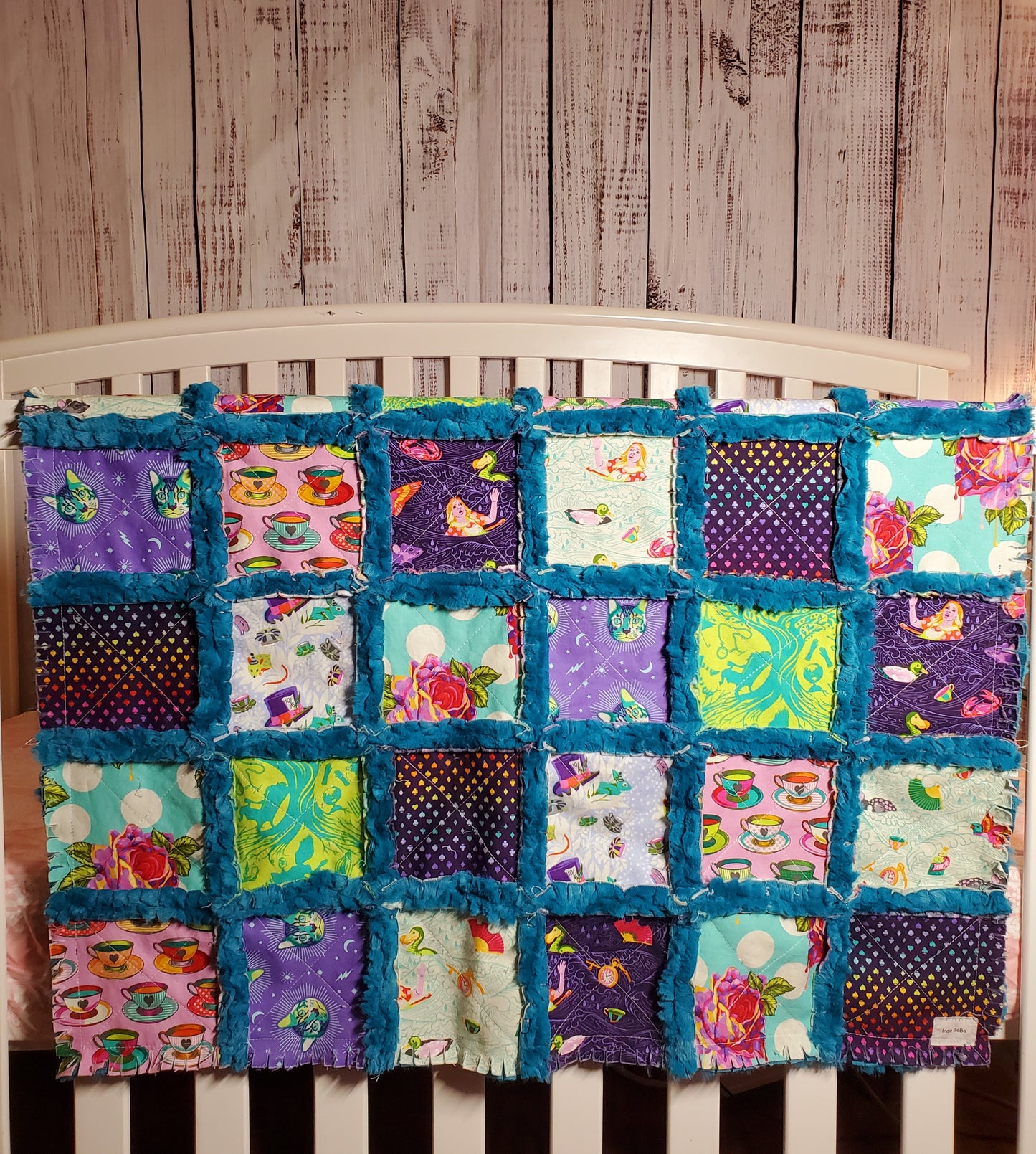 Handmade Quilt, Patchwork Quilt, Crib Quilt, Minky Rag Quilt, Alice in Wonderland, Baby Quilt, Baby Shower Gift, Lovey Blanket, Boho Quilt