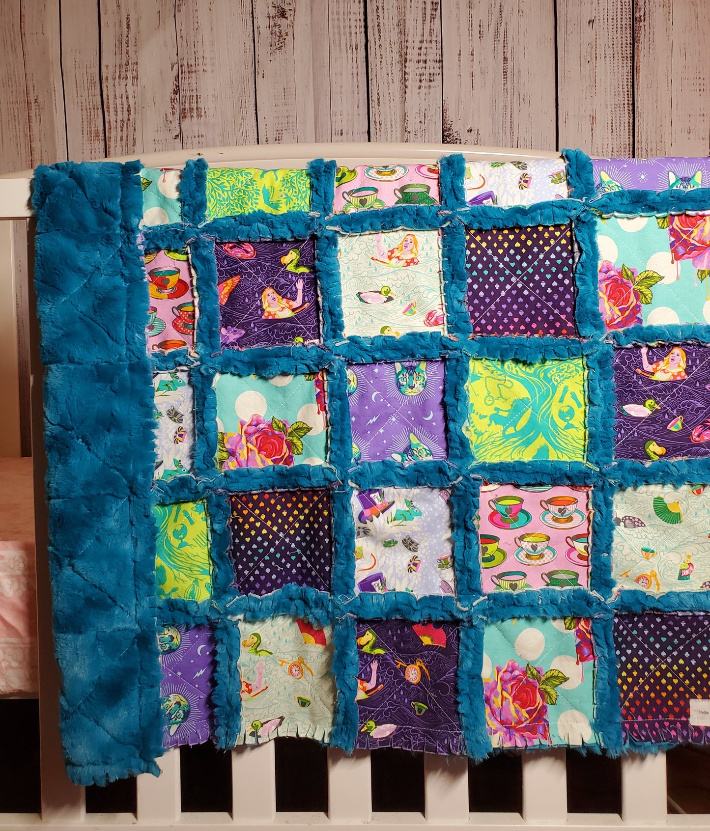 Handmade Quilt, Patchwork Quilt, Crib Quilt, Minky Rag Quilt, Alice in Wonderland, Baby Quilt, Baby Shower Gift, Lovey Blanket, Boho Quilt
