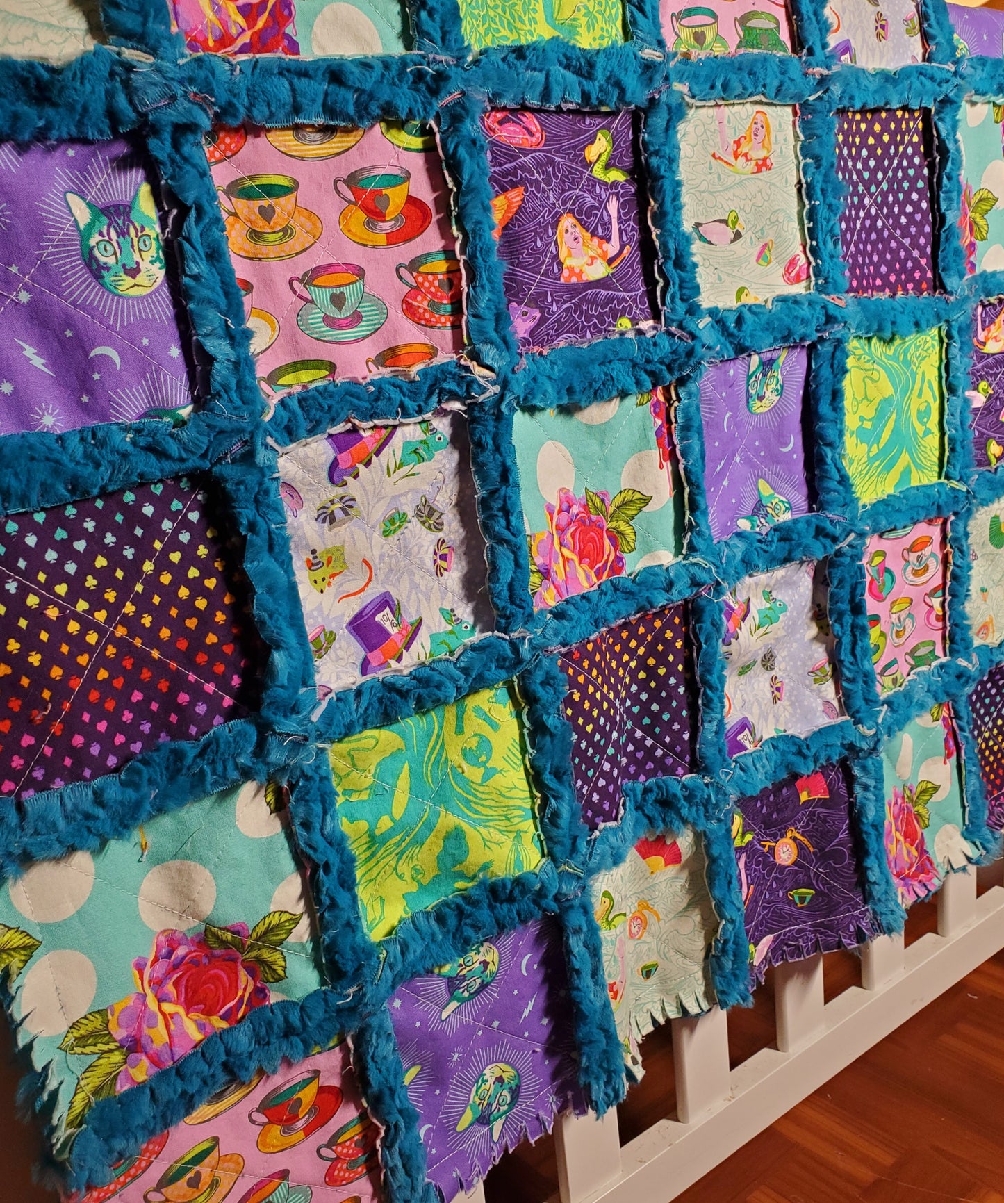 Handmade Quilt, Patchwork Quilt, Crib Quilt, Minky Rag Quilt, Alice in Wonderland, Baby Quilt, Baby Shower Gift, Lovey Blanket, Boho Quilt