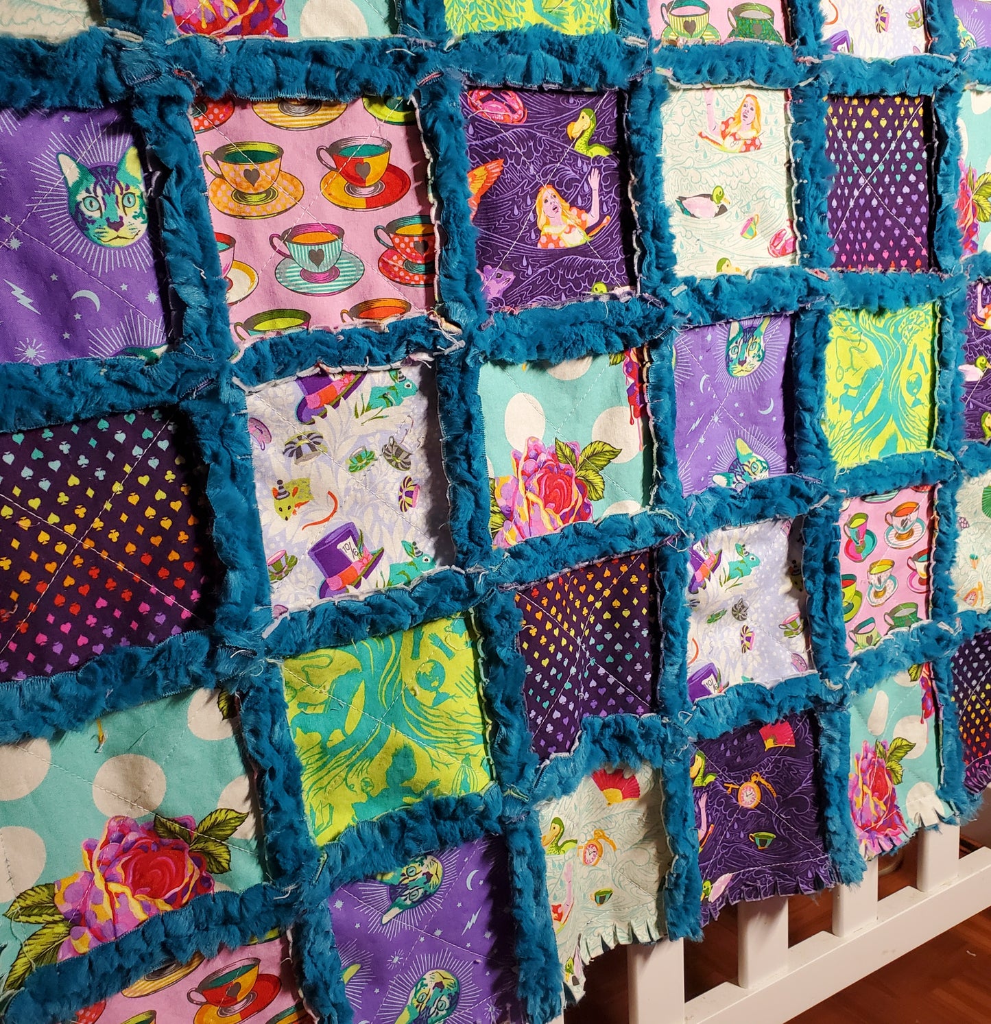 Handmade Quilt, Patchwork Quilt, Crib Quilt, Minky Rag Quilt, Alice in Wonderland, Baby Quilt, Baby Shower Gift, Lovey Blanket, Boho Quilt