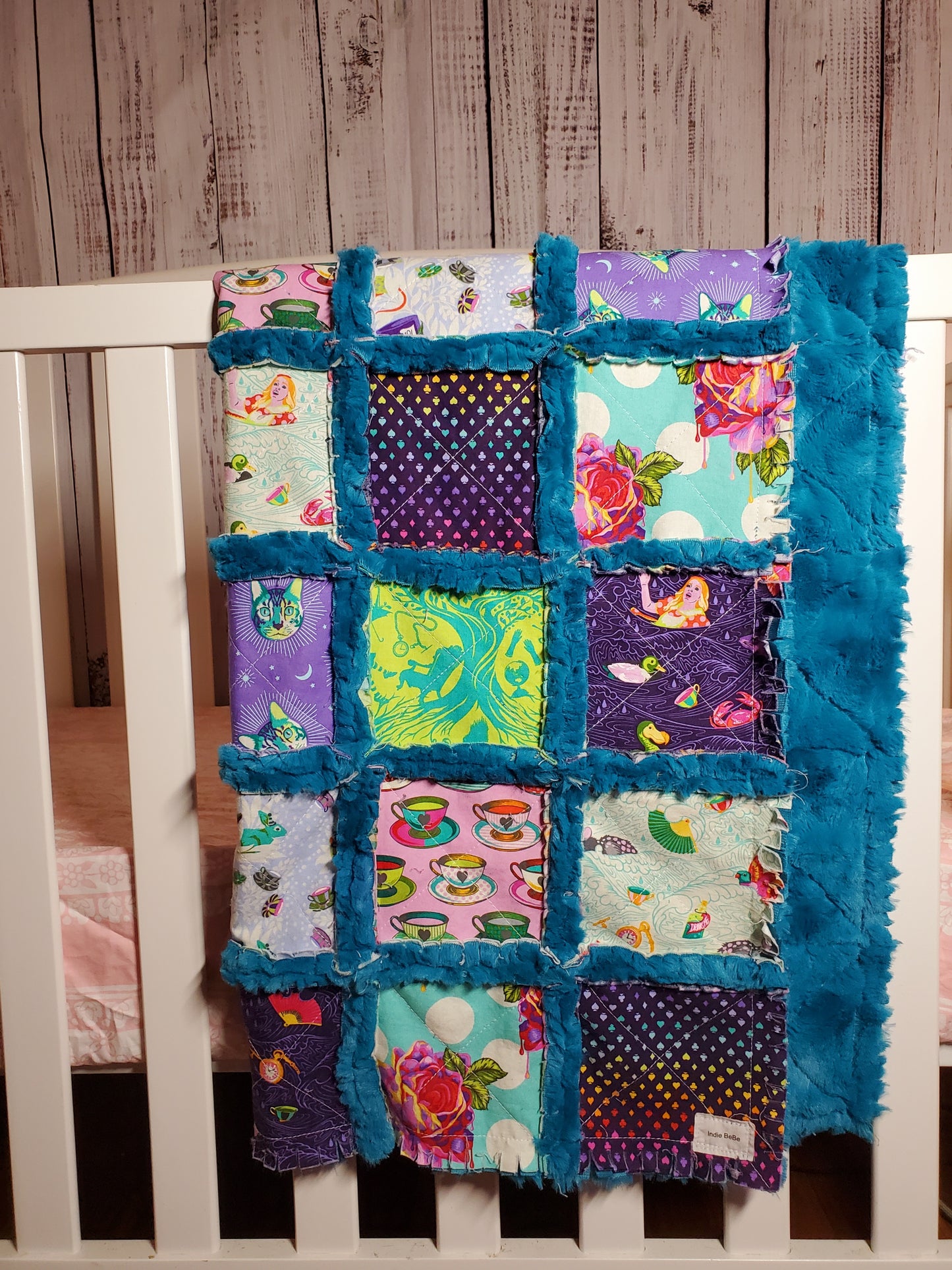 Handmade Quilt, Patchwork Quilt, Crib Quilt, Minky Rag Quilt, Alice in Wonderland, Baby Quilt, Baby Shower Gift, Lovey Blanket, Boho Quilt