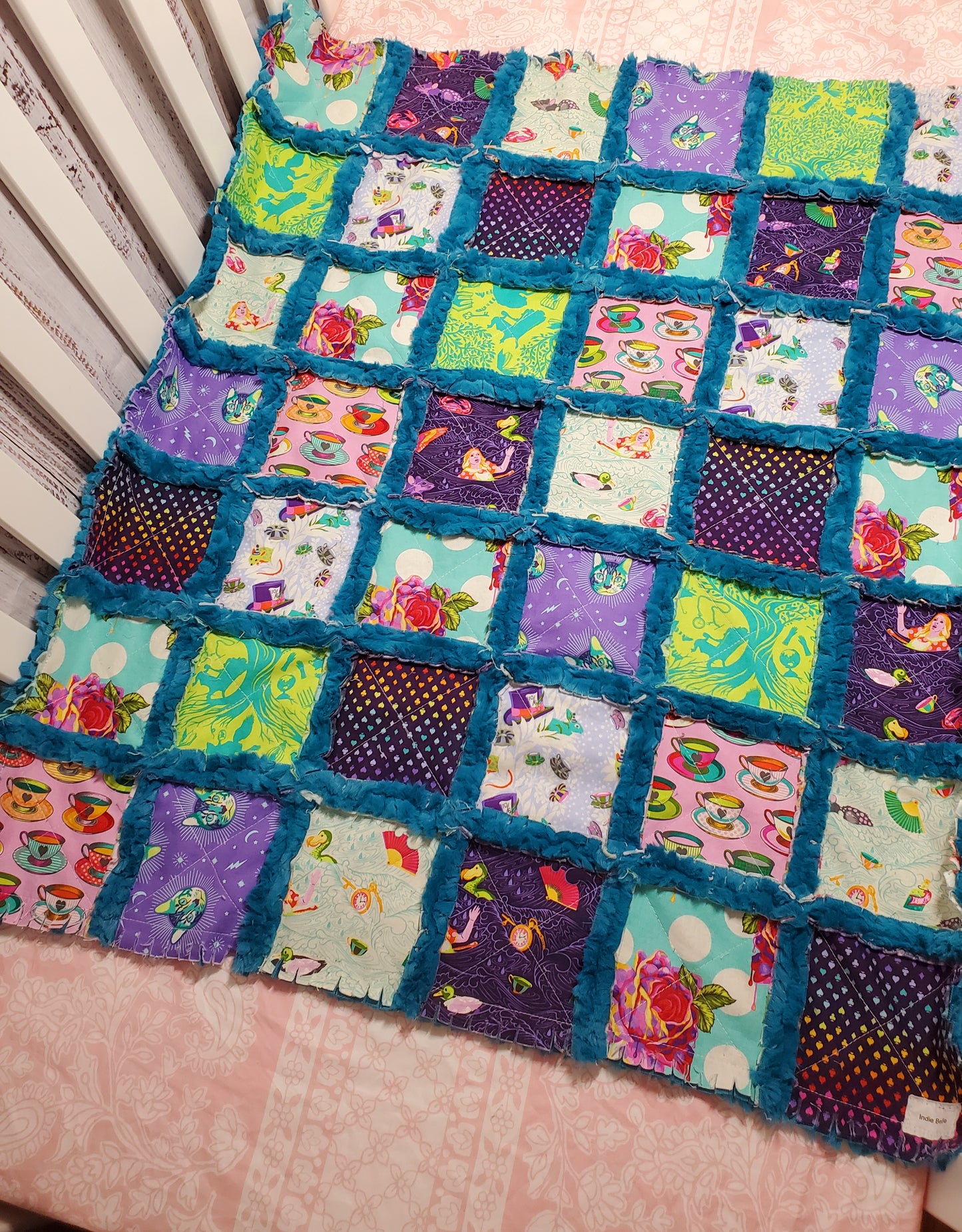 Handmade Quilt, Patchwork Quilt, Crib Quilt, Minky Rag Quilt, Alice in Wonderland, Baby Quilt, Baby Shower Gift, Lovey Blanket, Boho Quilt