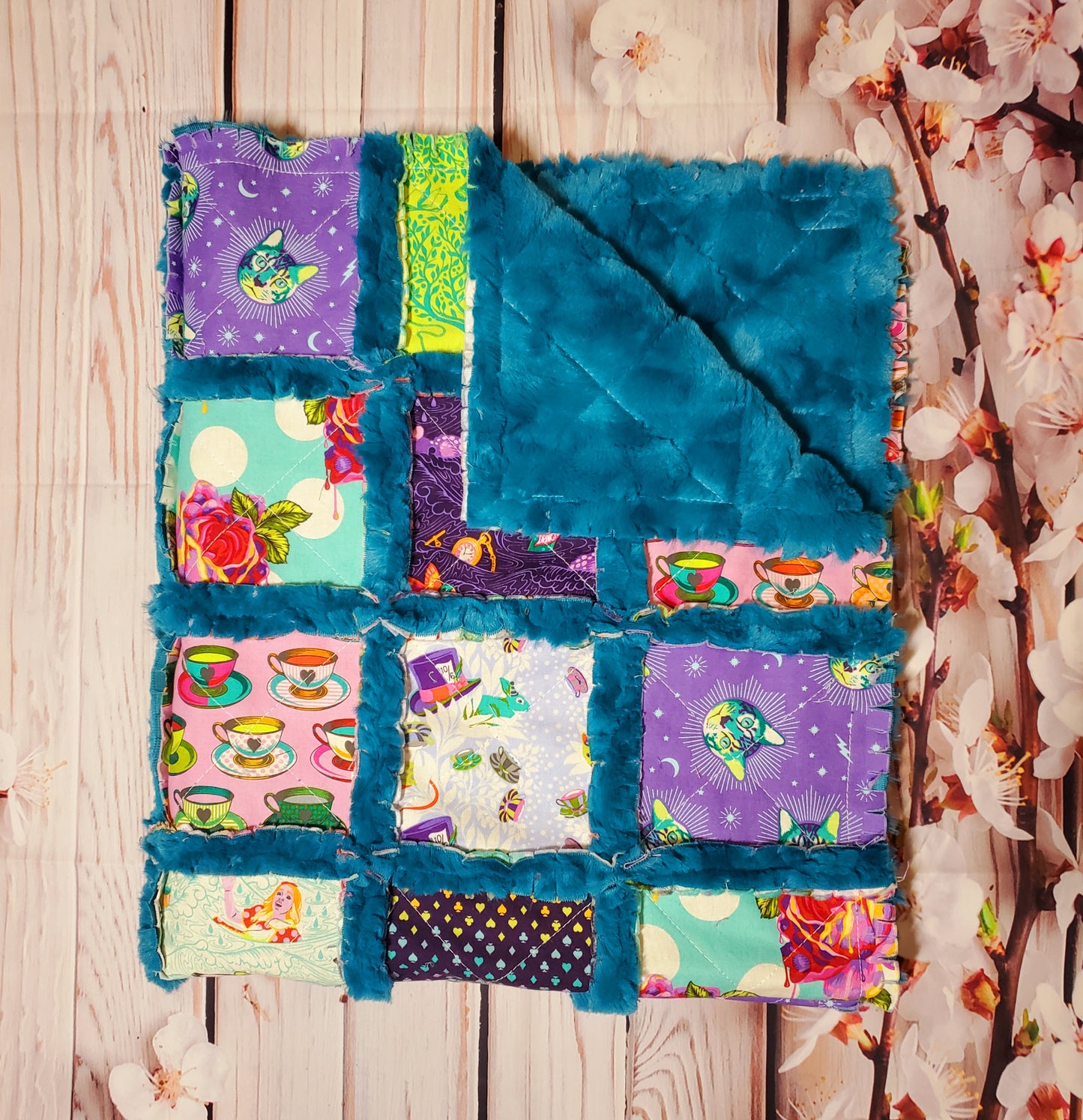 Handmade Quilt, Patchwork Quilt, Crib Quilt, Minky Rag Quilt, Alice in Wonderland, Baby Quilt, Baby Shower Gift, Lovey Blanket, Boho Quilt