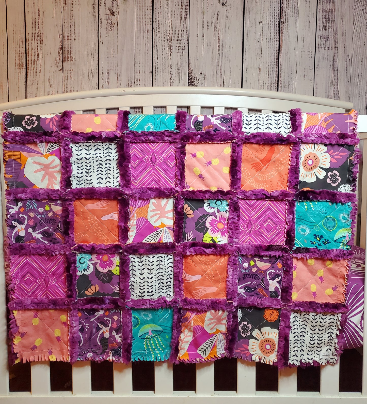 Handmade Patchwork Crib Quilt, Mermaid Quilt, Boho Rag Quilt, Floral, Sirena Mermaid, Baby Quilt, Crib Bedding, Witchy Gift, Nursery Bedding