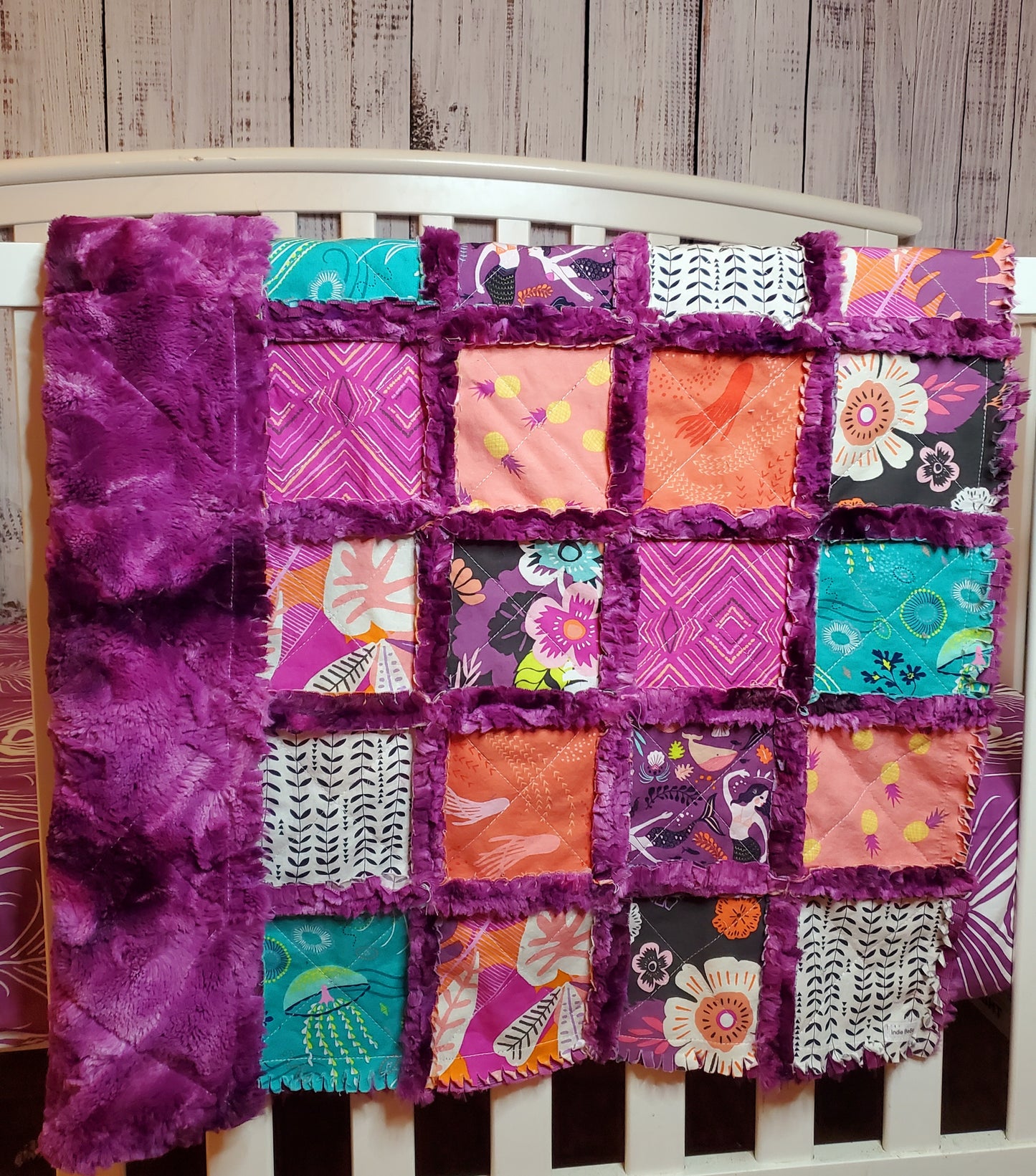 Handmade Patchwork Crib Quilt, Mermaid Quilt, Boho Rag Quilt, Floral, Sirena Mermaid, Baby Quilt, Crib Bedding, Witchy Gift, Nursery Bedding