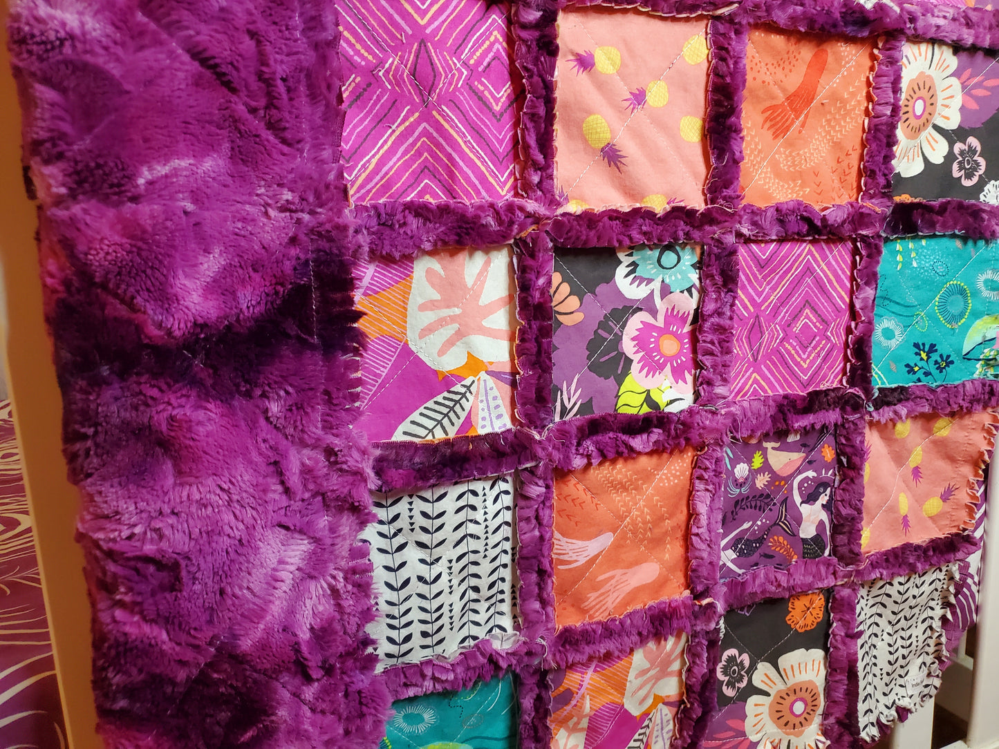 Handmade Patchwork Crib Quilt, Mermaid Quilt, Boho Rag Quilt, Floral, Sirena Mermaid, Baby Quilt, Crib Bedding, Witchy Gift, Nursery Bedding