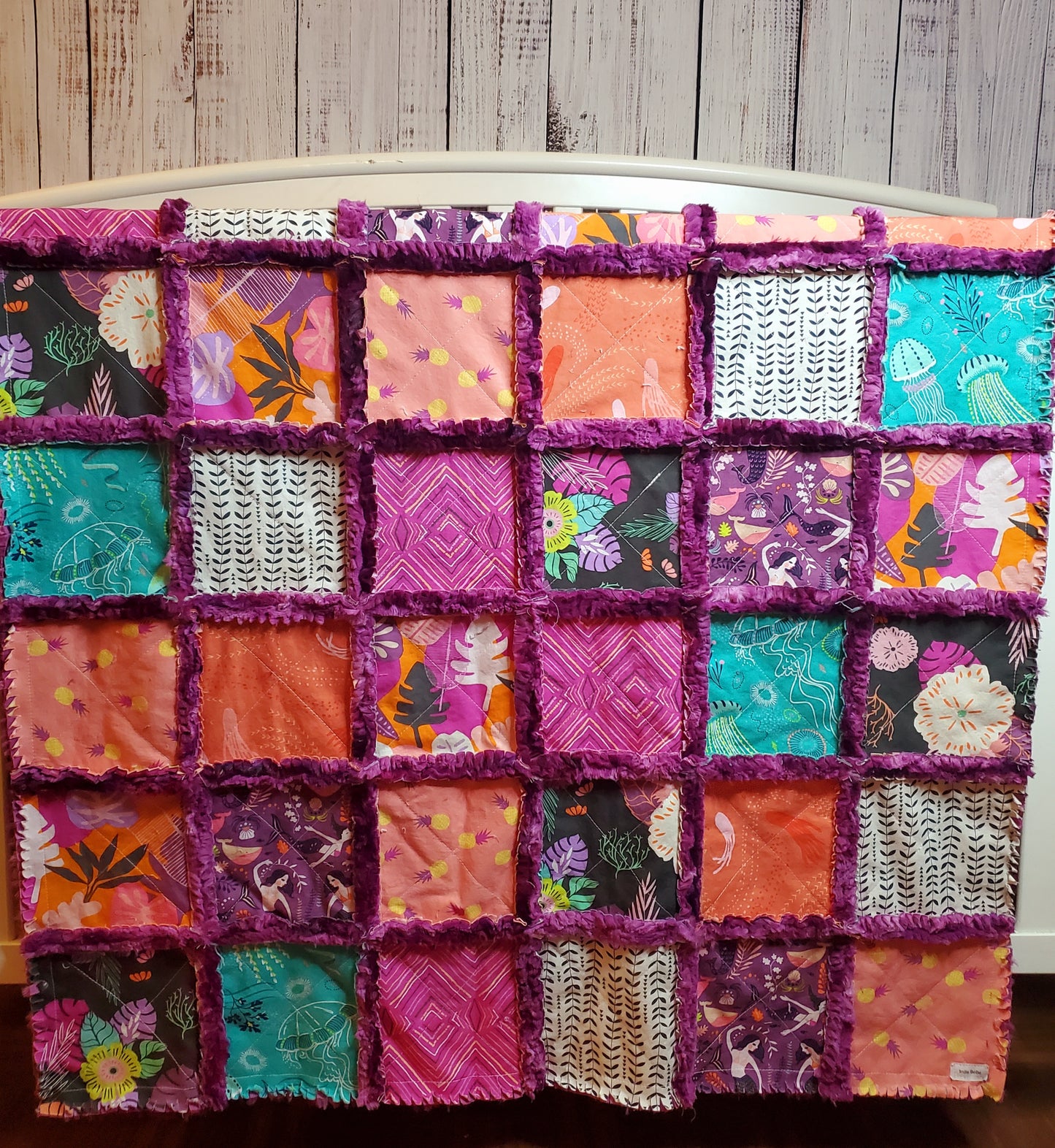 Handmade Patchwork Crib Quilt, Mermaid Quilt, Boho Rag Quilt, Floral, Sirena Mermaid, Baby Quilt, Crib Bedding, Witchy Gift, Nursery Bedding