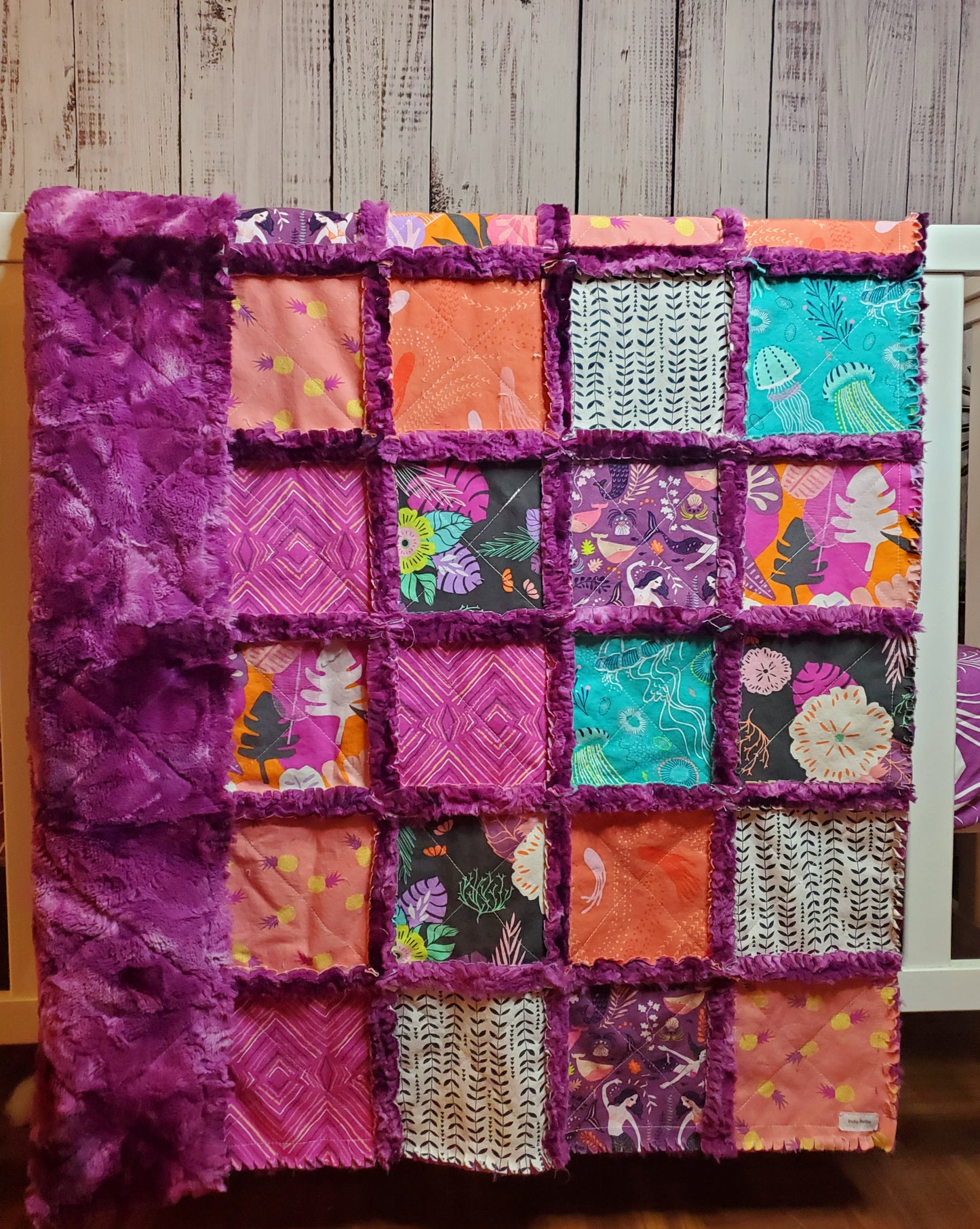 Handmade Patchwork Crib Quilt, Mermaid Quilt, Boho Rag Quilt, Floral, Sirena Mermaid, Baby Quilt, Crib Bedding, Witchy Gift, Nursery Bedding