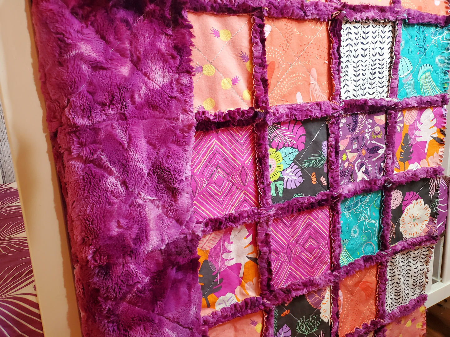 Handmade Patchwork Crib Quilt, Mermaid Quilt, Boho Rag Quilt, Floral, Sirena Mermaid, Baby Quilt, Crib Bedding, Witchy Gift, Nursery Bedding