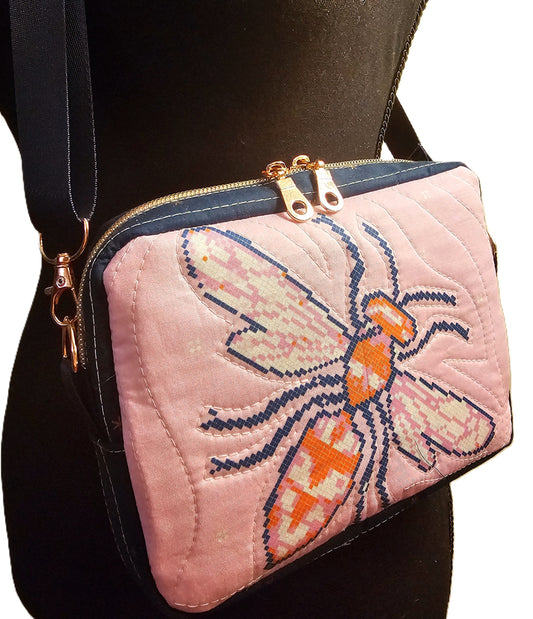 Crossbody Purse, Ruby Star Society, Gift for Girls, Bee Purse, Quilted Bag, Handmade Crossbody, Pink and Navy, Rose Gold Bag, Bee Crossbody