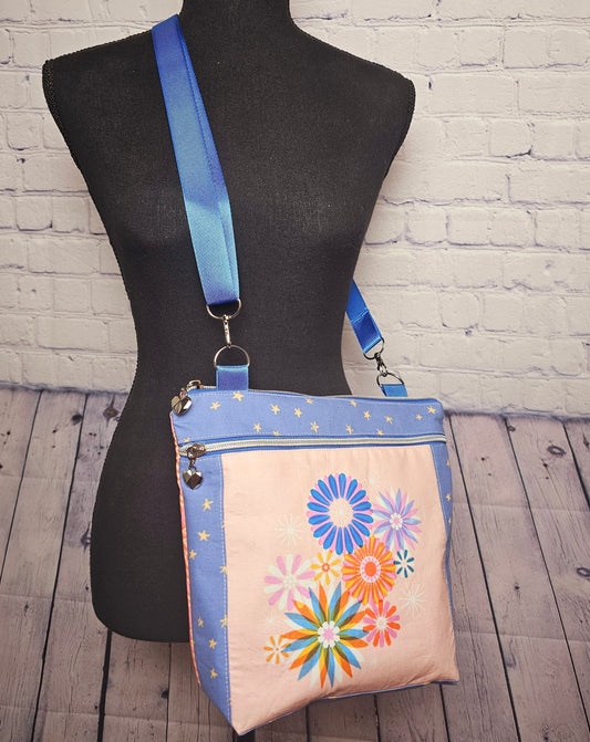 Crossbody Purse, Ruby Star Society, Gift for Girls, Floral Purse, Quilted Bag, Handmade Crossbody, Pink and Blue, Floral Panel Bag