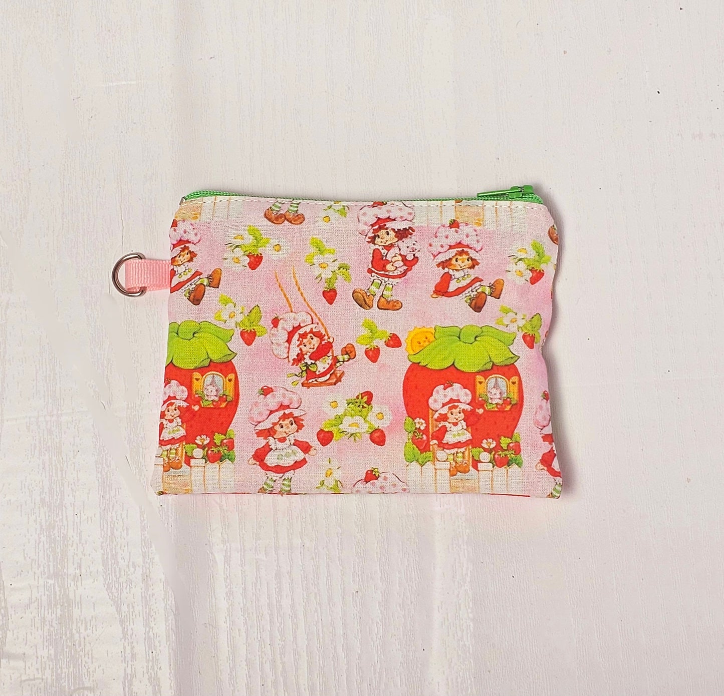 Small Fabric Zipper Pouch, Purse organizer, Vintage Strawberry Shortcake, Handmade Lined Zipper Pouch, Gift Card Coin Bag, Strawberry Purse