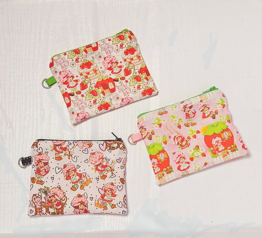 Small Fabric Zipper Pouch, Purse organizer, Vintage Strawberry Shortcake, Handmade Lined Zipper Pouch, Gift Card Coin Bag, Strawberry Purse