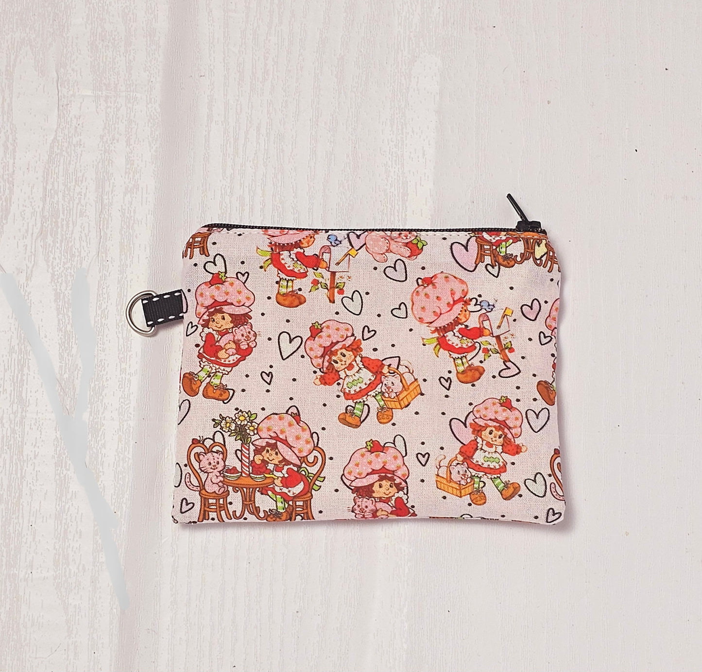 Small Fabric Zipper Pouch, Purse organizer, Vintage Strawberry Shortcake, Handmade Lined Zipper Pouch, Gift Card Coin Bag, Strawberry Purse