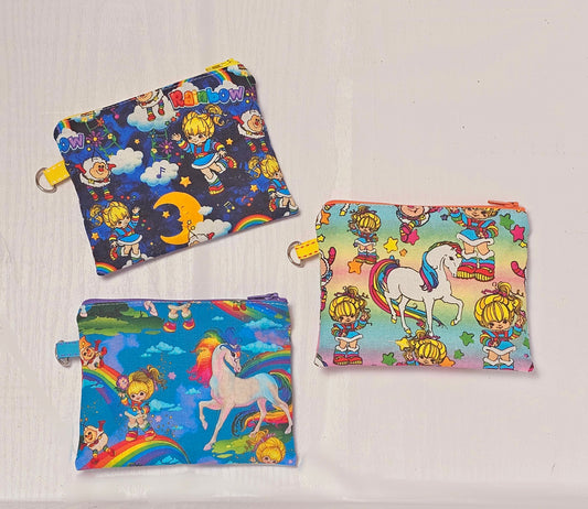 Small Fabric Zipper Pouch, Purse organizer, Vintage Rainbow Brite, Handmade Lined Zipper Pouch, Gift Card Coin Bag, Rainbow Purse, 1980s