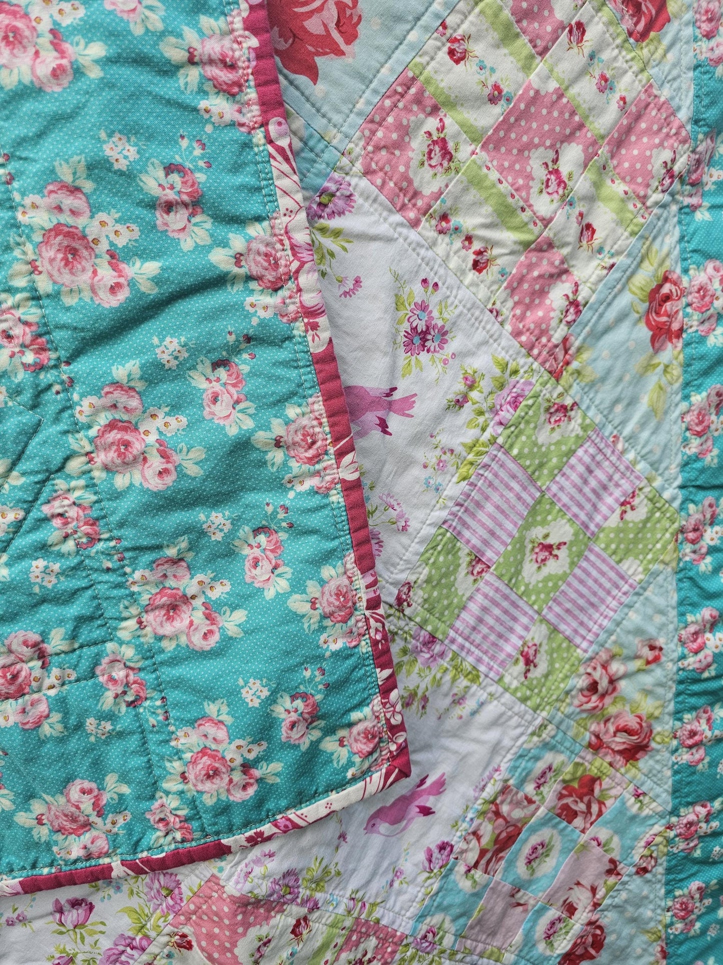Handmade Floral Quilt, Shabby Chic Quilt, Throw Quilt, Patchwork Quilt, Crib Quilt, Toddler Quilt, Baby Shower Gift, Cabbage Roses Quilt
